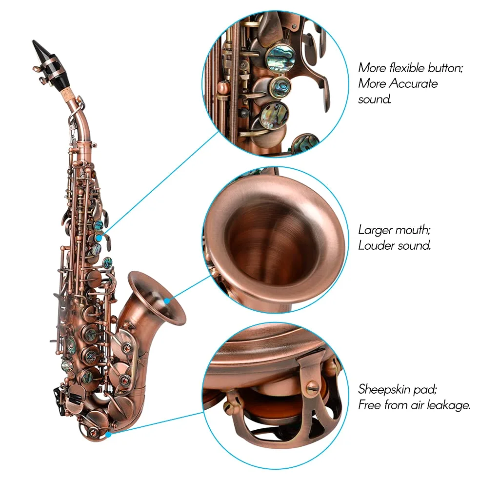 Sassofono soprano,Rosso antico sassofono soprano chiave in Sib Strumento a fiato in ottone Materiale con custodia per il trasporto Supporto per sax Reed Guanti per pulizia Spazzola per stoffa Ci