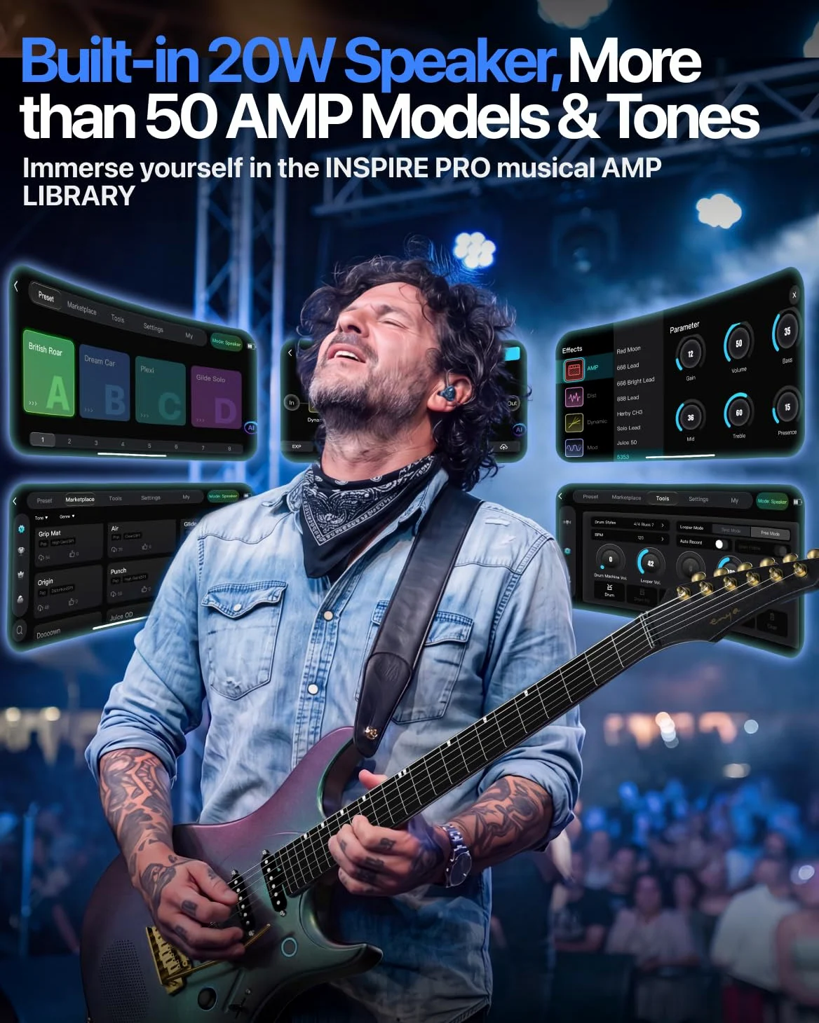 ENYA INSPIRE PRO AL Chitarra Elettrica con Pickup APEX LAB | Altoparlante 20W anti-larsen, corpo carbonio 39", 64 preset, looper, accordatore, barra tattile, per suono silenzioso e live.