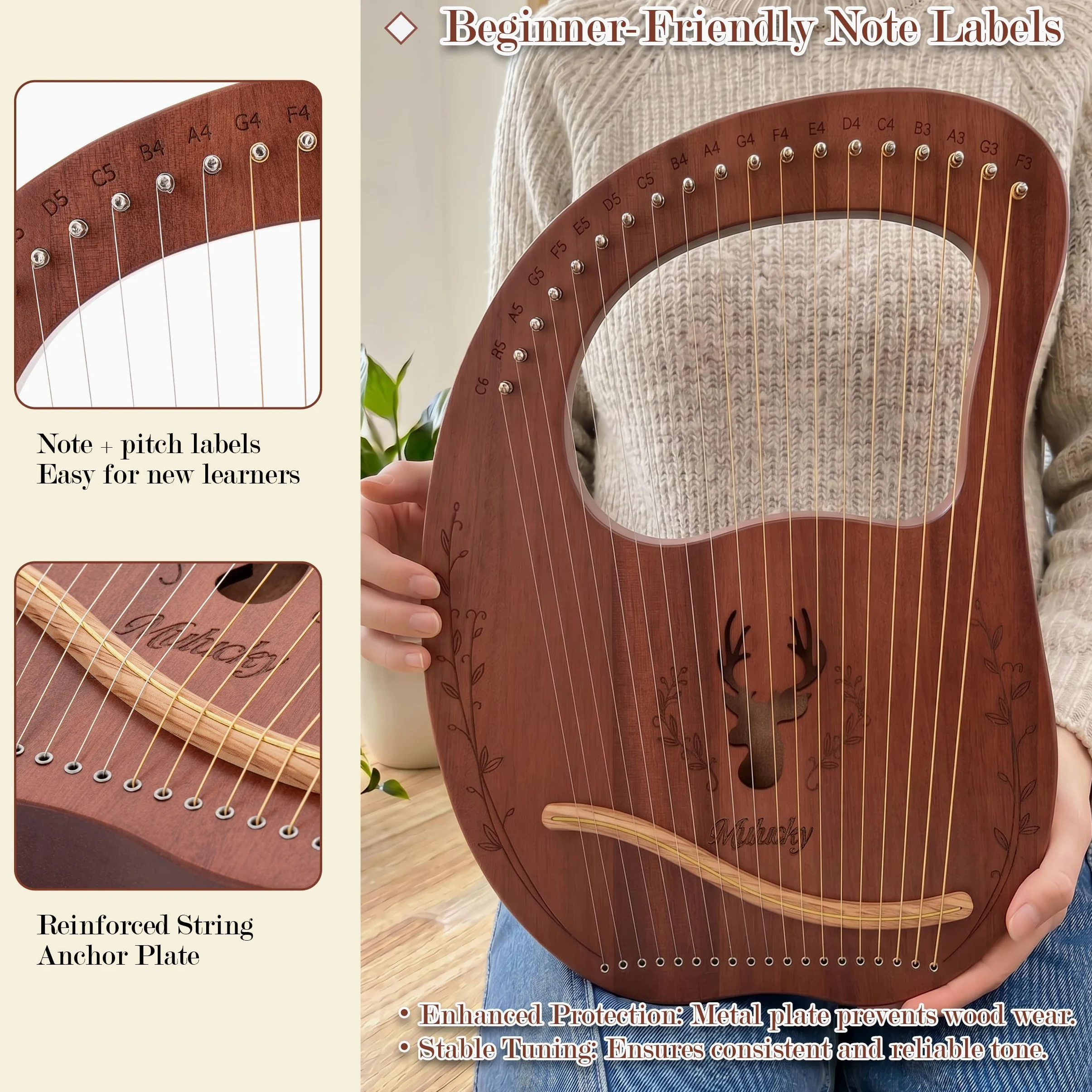 Mulucky Arpa a 19 corde, in mogano, con kit di strumenti musicali a corda con custodia per chiavi di accordatura, corde extra, per principianti e adulti