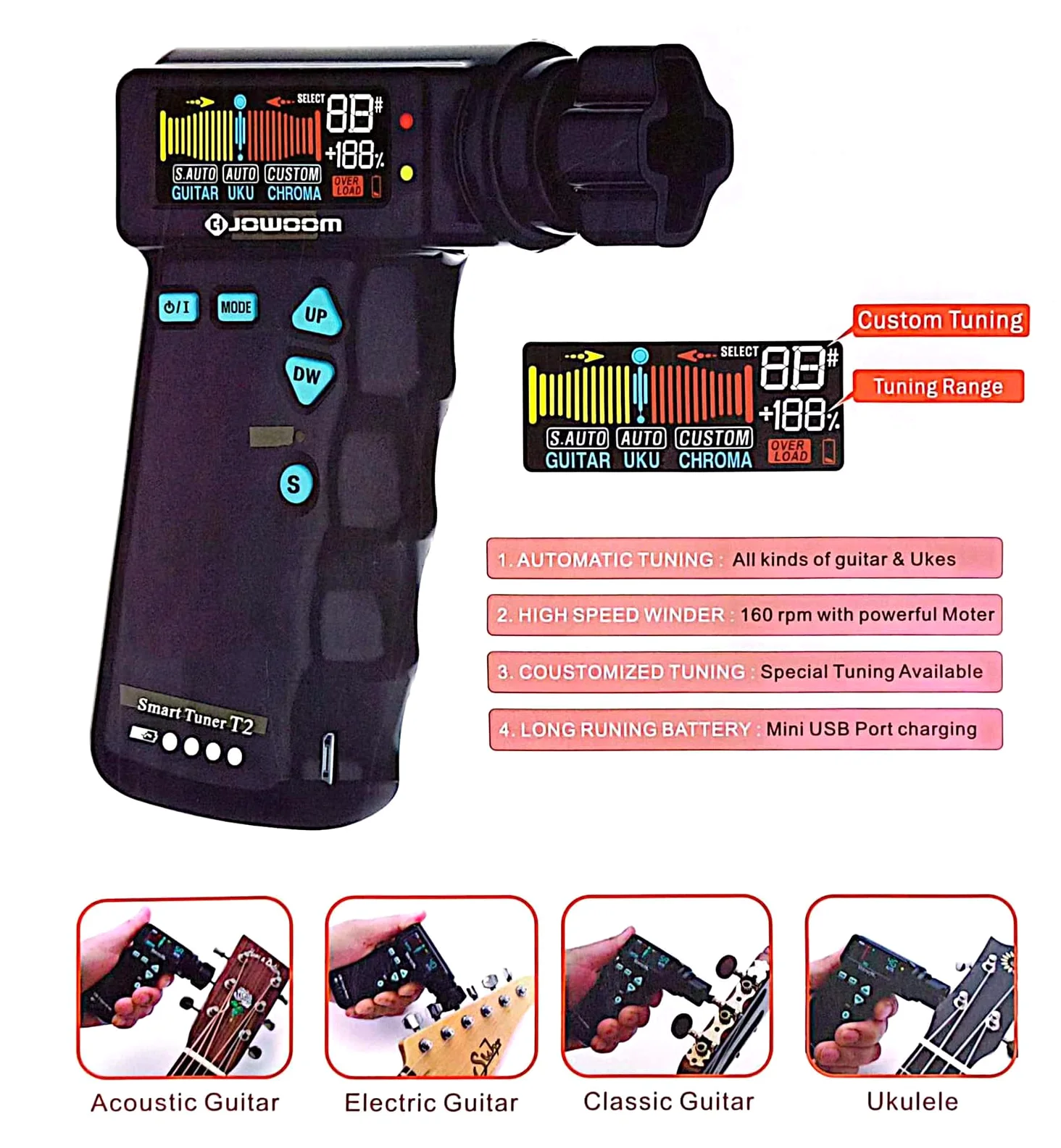 T2 Accordatore automatico intelligente per chitarra/Sintonizzatore automatico veloce accurato per chitarre elettriche e acustiche/Avvolgicorde per chitarra elettrica Semplicemente facile Accordatore