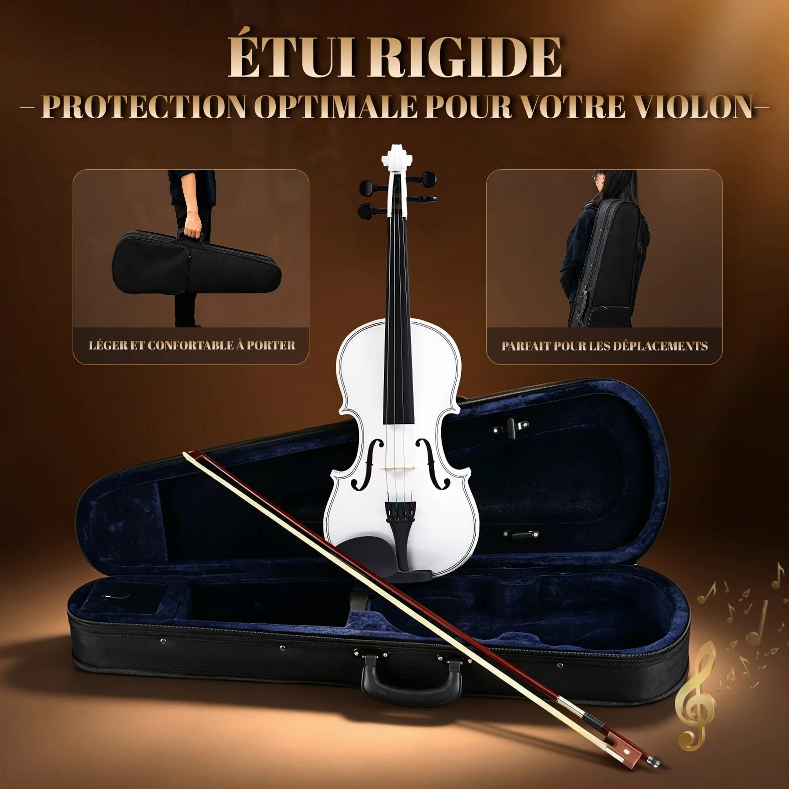 Bonnlo Violino per Bambini e Principianti, Misure 1/4, 1/2, 3/4 e 4/4, Violino in Legno Compensato di Tiglio con Acro in Legno Rosso, Astuccio, Colofonia e Mentoniera, 4/4, Bianco
