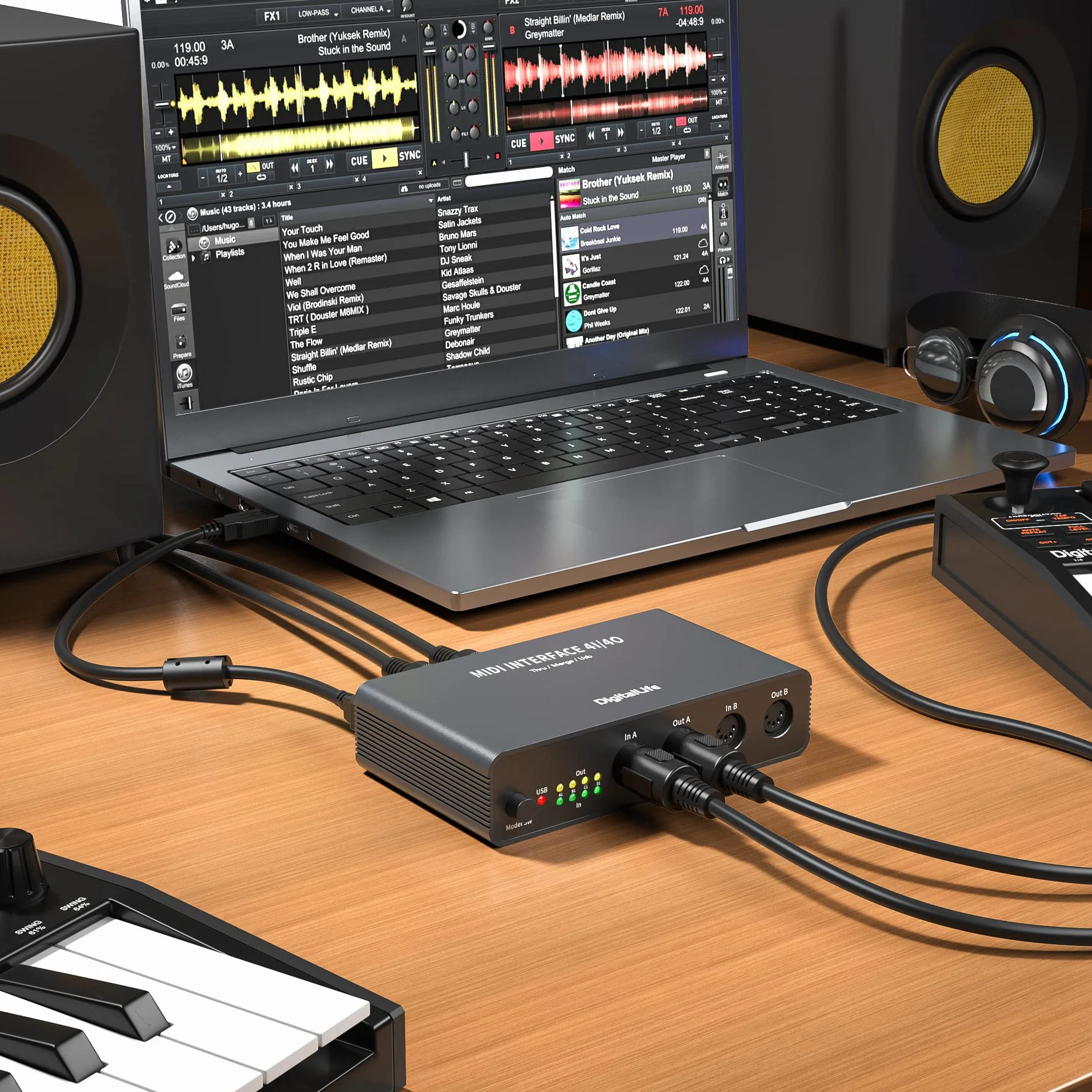 DigitalLife Quad I/O Pro 4x4 Interfaccia MIDI USB – Merge/Thru/Splitter 5-Pin DIN, Struttura in Metallo con 8 Indicatori LED per Tastiere, Synth, Drum Machine & Live Performance | UMB06-B