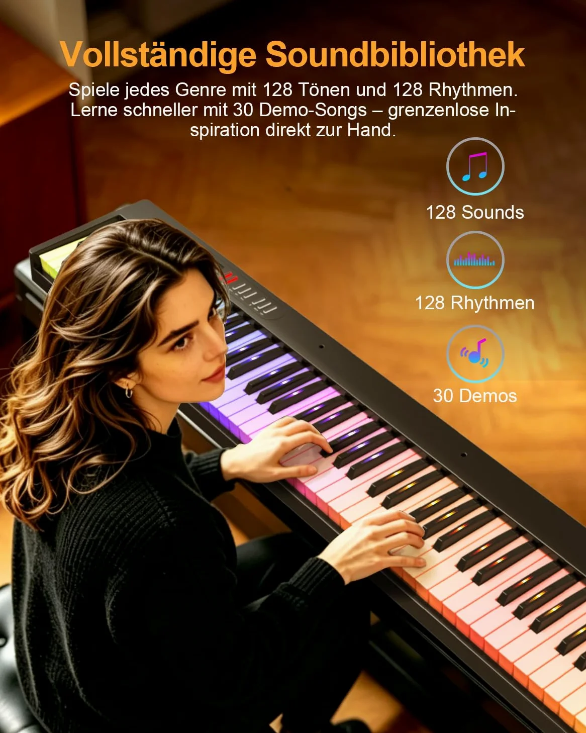 Pianoforte digitale pieghevole, 88 tasti, tastiera semiponderata con tasti luminosi colorati, Bluetooth MIDI E, tastiera portatile per principianti, adulti e bambini