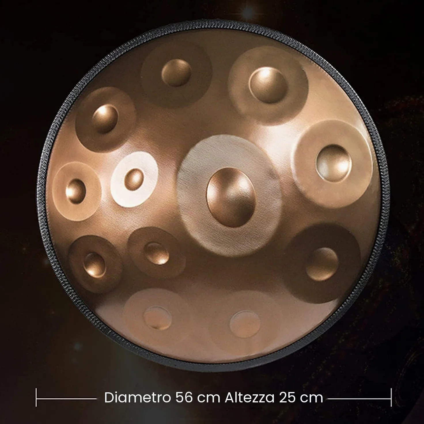 Handpan Steel Tamburo 432Hz 56 cm Oro Performer D-minl - 14 note con custodia morbida, supporto e panno per la pulizia, batteria