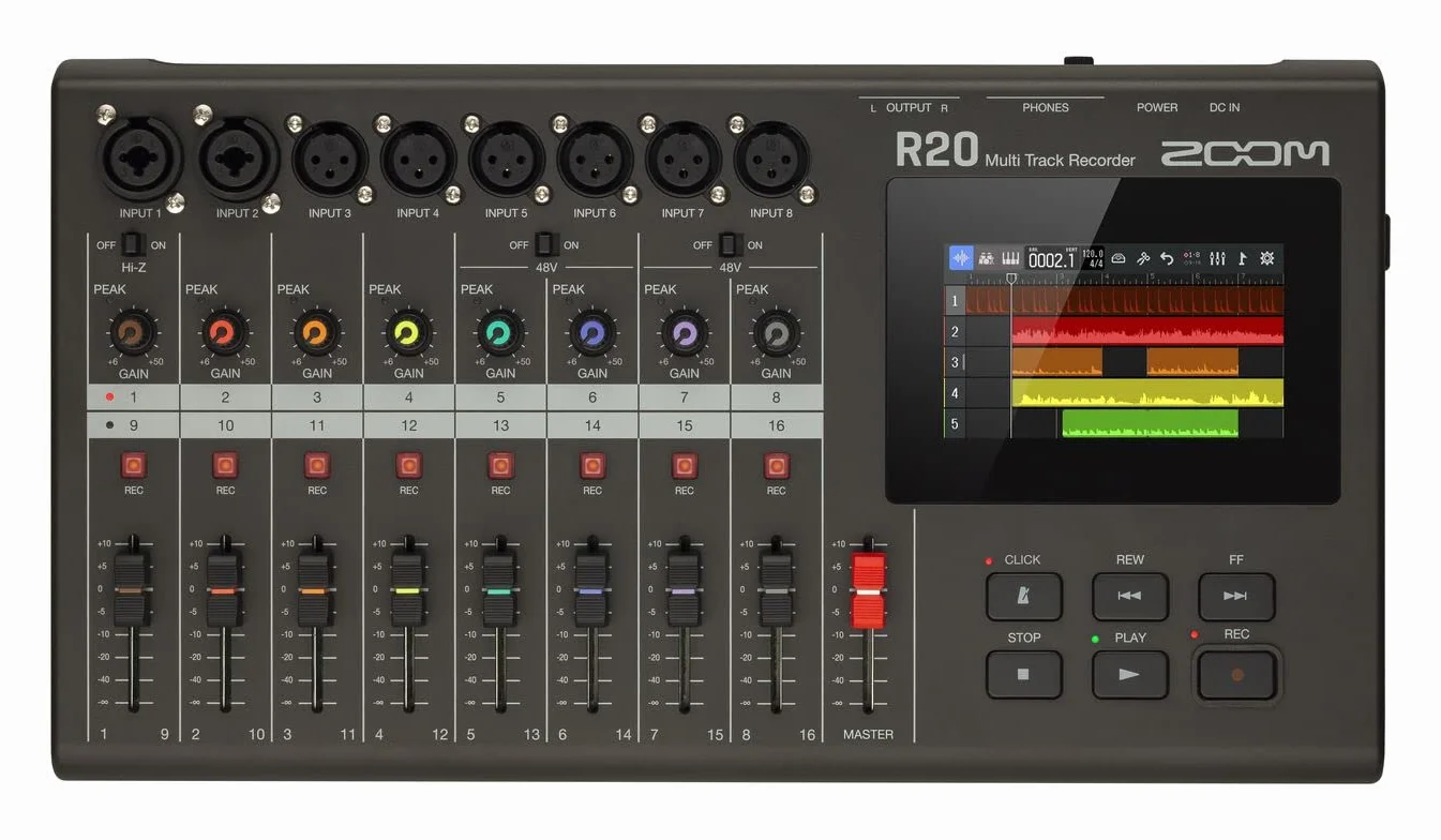 Zoom - R20 - Registratore da tavolo multitraccia, con touchscreen, editing integrato, 16 tracce, 6 ingressi XLR, 2 ingressi combo, effetti, synth, loop di batteria e interfaccia audio USB.