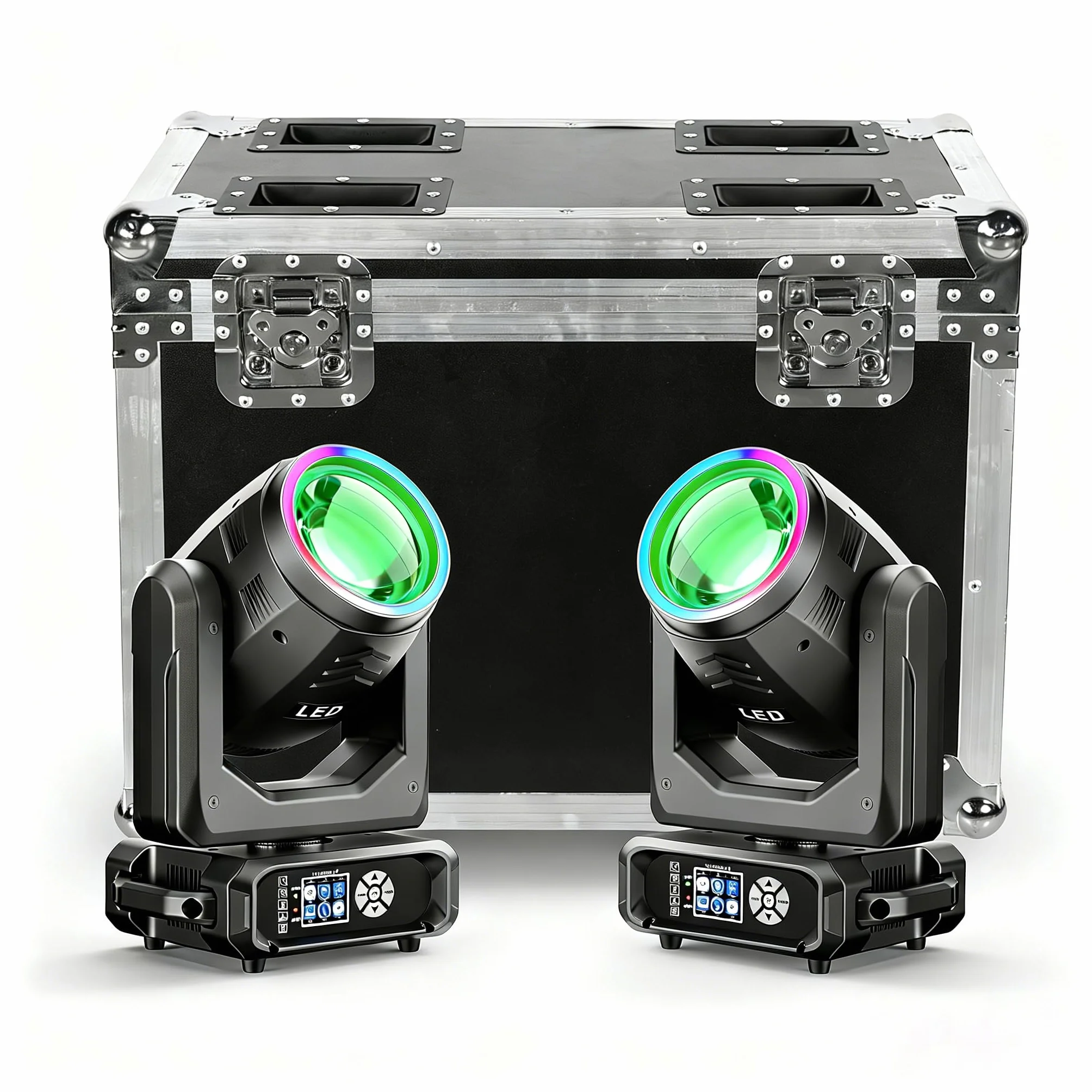 2 faretti LED a testa mobile da 200 W con flightcase, 11 colori, 14 gobos, Beam, luci per discoteca per palcoscenici, club, matrimoni, bar