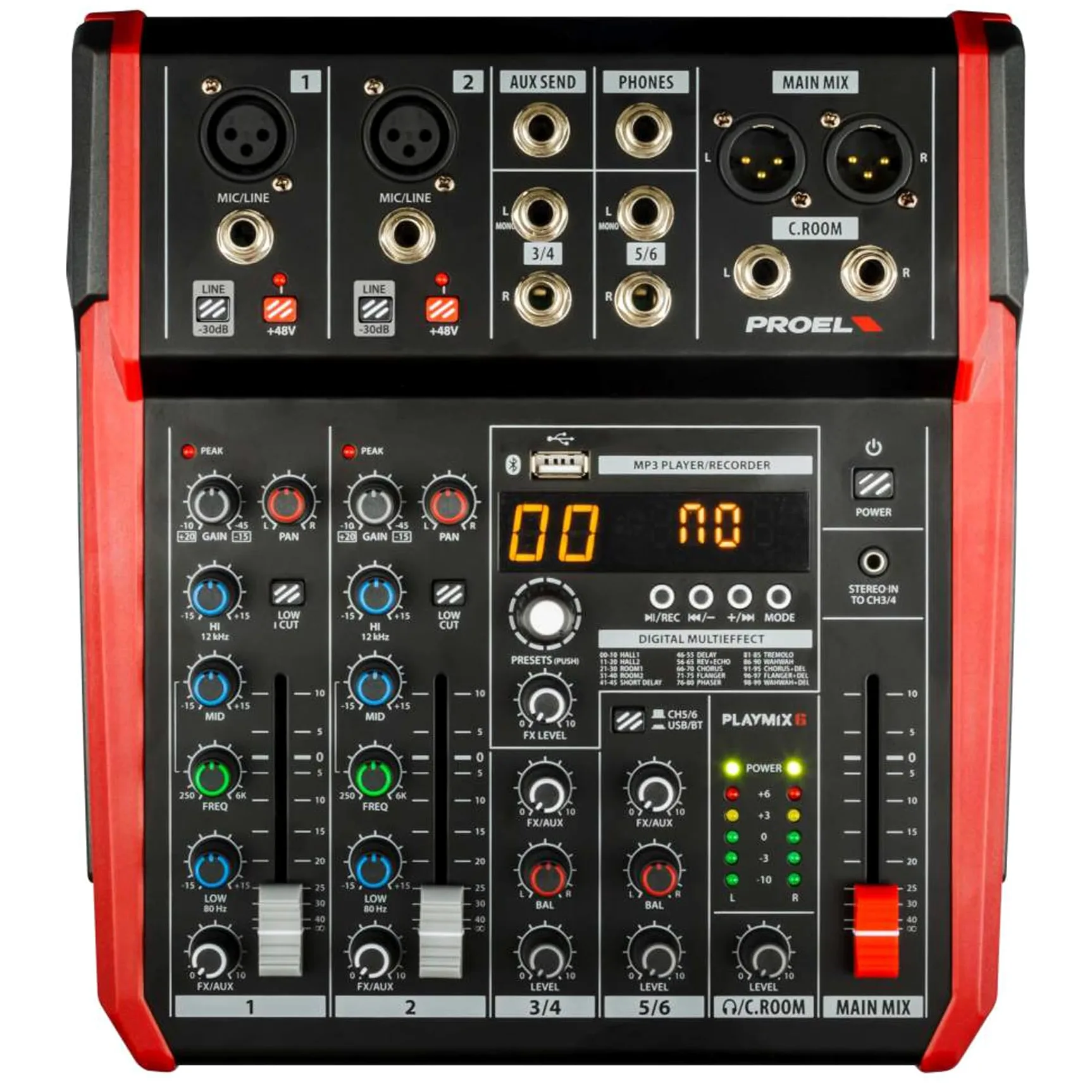 PROEL Proel PLAYMIX6 - Mixer audio a 6 ingressi con modulo bluetooth, lettore MP3 e Registrazione stereo su USB, Nero rifiniture in Rosso