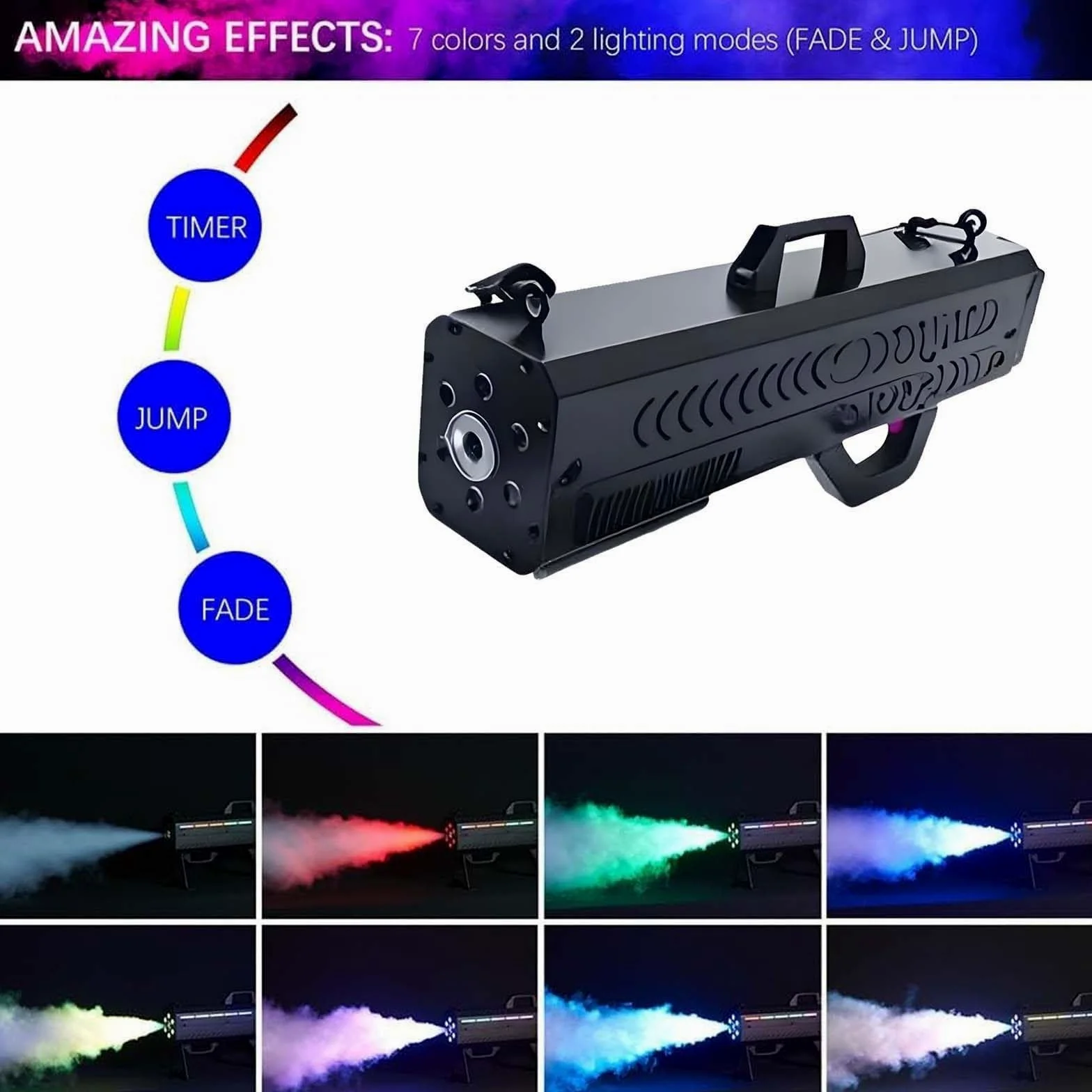 Macchina del fumo, pistola for nebbia portatile da 1500W, macchina for nebbia a cannone con luci a LED, altezza di spruzzo 6-8m e distanza di spruzzo 8-10m for feste in discoteca,effetti DJ,(White)