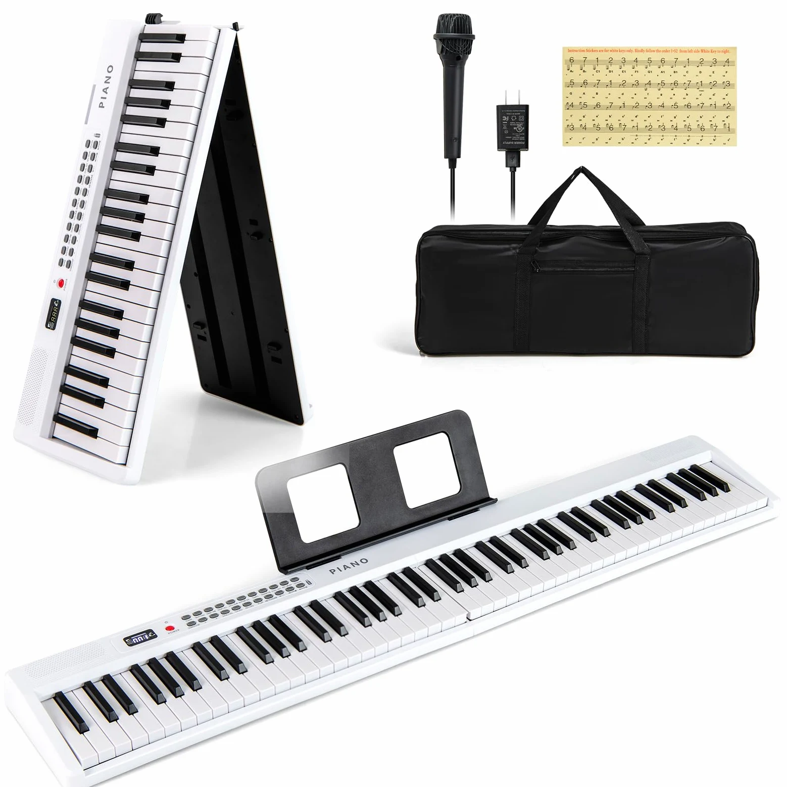 KOMFOTTEU Pianoforte Digitale 88 Tasti Pieghevole, con MIDI Wireless, Altoparlanti Doppii, 1000 Timbri E Ritmi, Tastiera Elettronica Semi-Pesato, Pianola Facile da Trasportare con Borsa (Bianco)