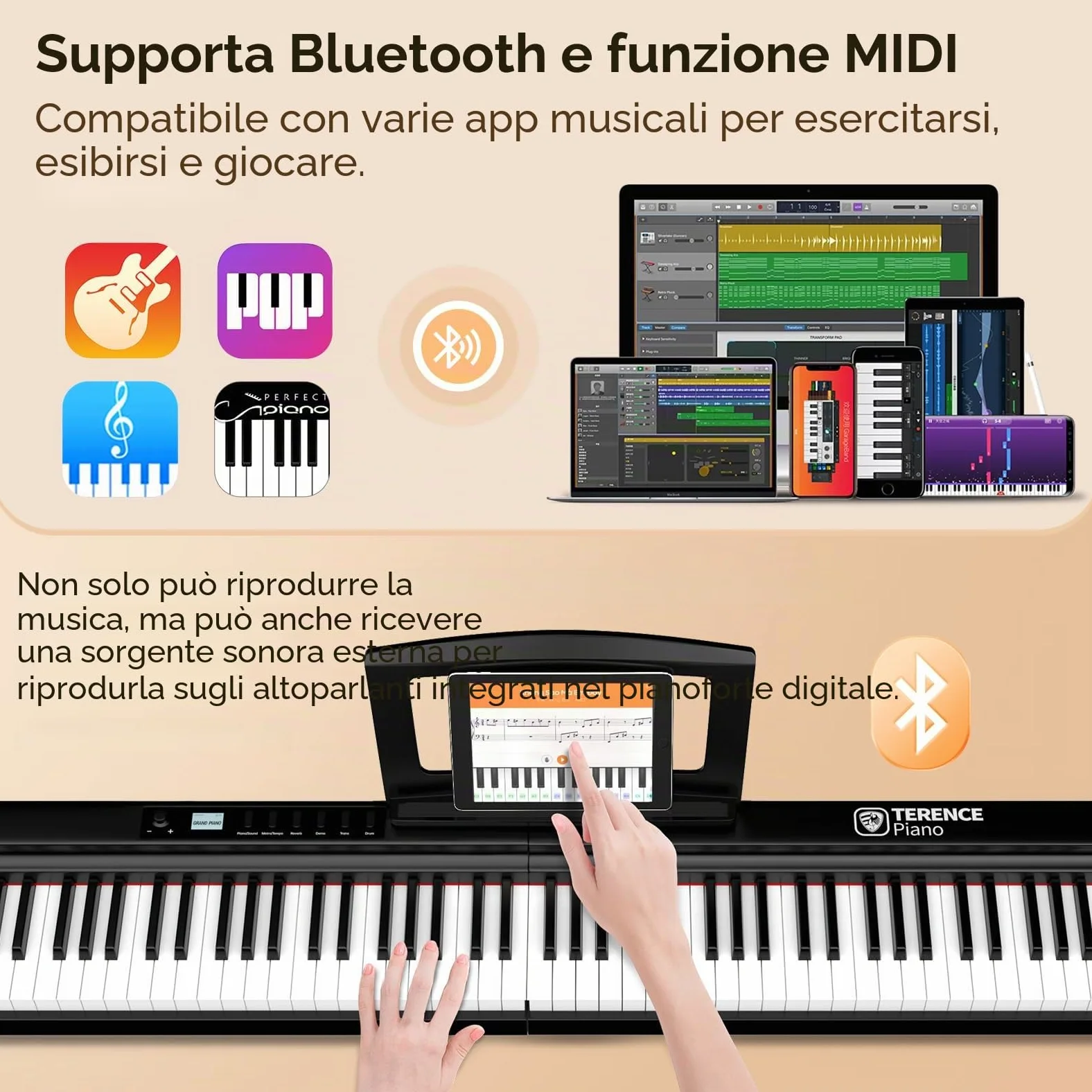 TERENCE Pieghevole Pianoforte Digitale 88 Tasti pesati con batteria da 2000 mAh Altoparlanti 2x25W Bluetooth e interfaccia MIDI supporto per spartiti Borsa adesiva Cavo audio con Pedale di sostegno