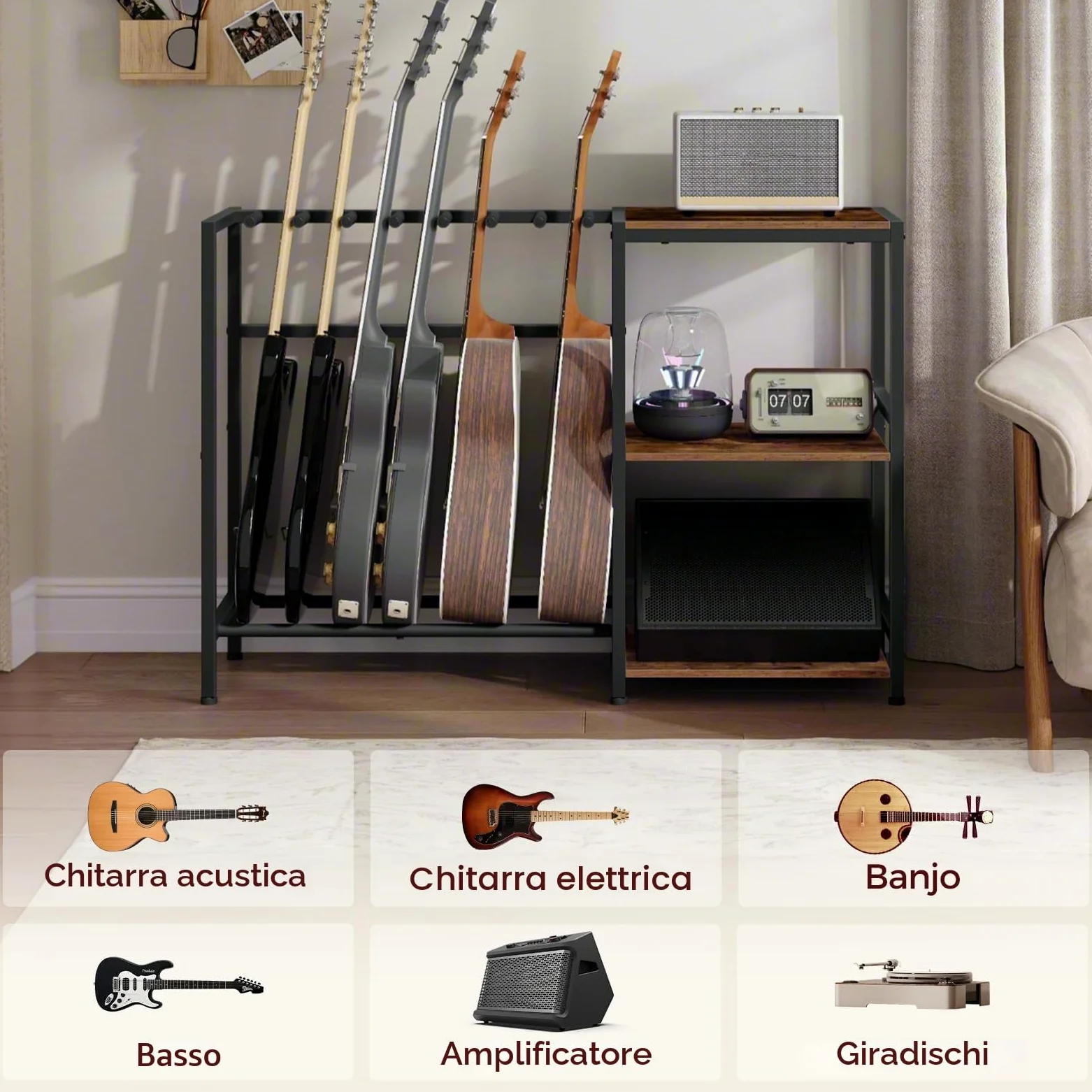 MAHANCRIS Supporto per chitarra, Supporto per 5-6 strumenti a corda, Adatto per chitarra acustica, basso, Scaffale per chitarra con ripiani per giradischi, con pastiglie in gomma antiscivolo, marrone