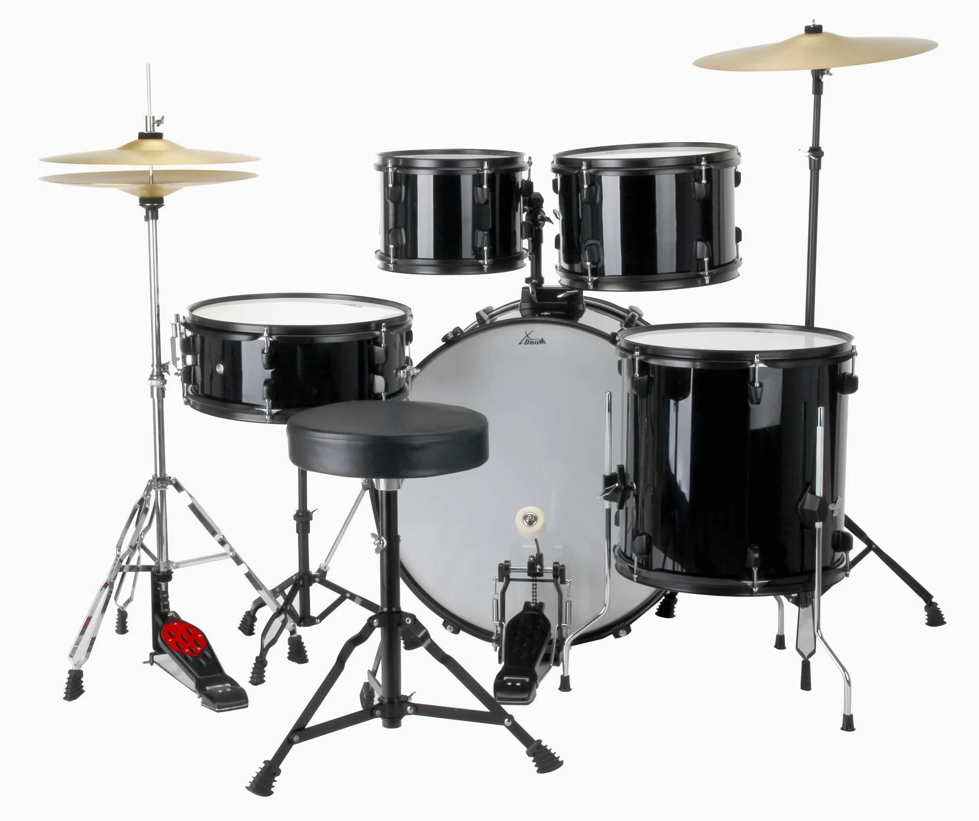XDrum Rookie Batteria Fusion 22" Nera più Set Damping, 14" TT, 14" SD | Fusti in pioppo acusticamente pregiato con pellicola speciale, Hardware nera a 5 pezzi, doppio supporto, 14" TT, 14" SD
