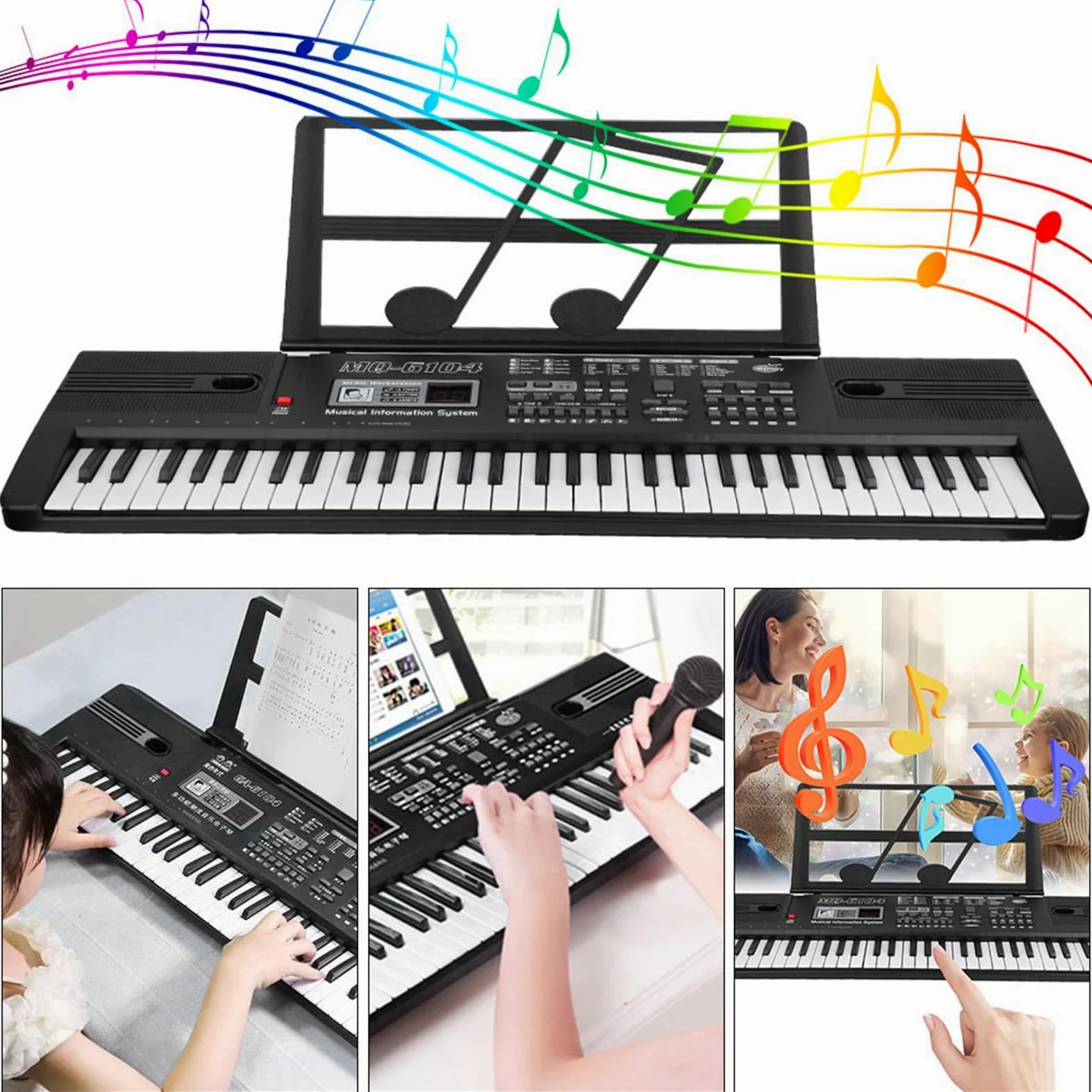 WakectsPianoforte digitale portatile con leggio, tastiera ricaricabile a 61 tasti, 16 suoni, 8 effetti sonori, 10 ritmi, 6 demo, ritmo e volume regolabili