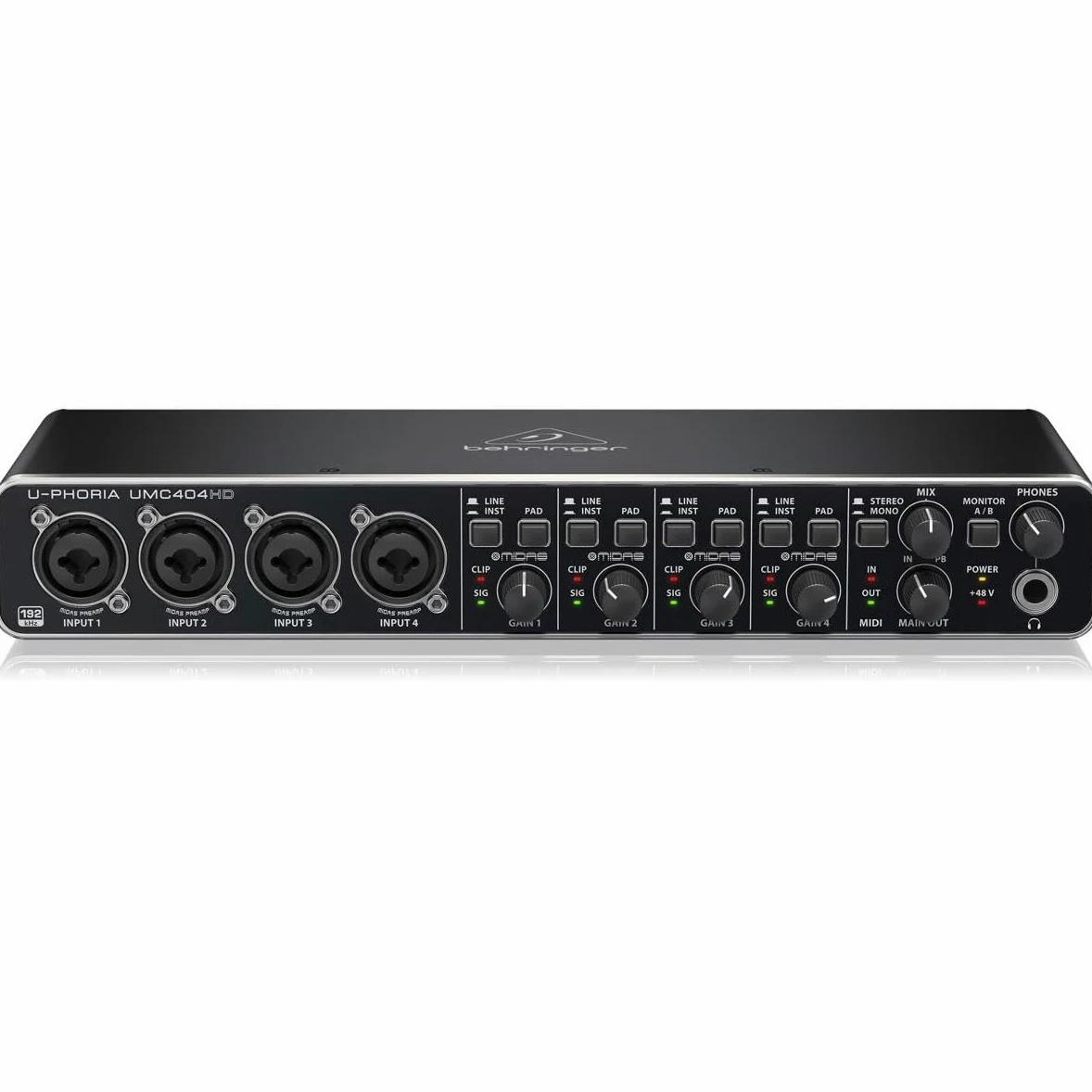 BEHRINGER UMC404-HD U-PHORIA INTERFACCIA AUDIO 4X4 MIDI USB 192 KHZ PREAMPLIFICATORI MIDAS SCHEDA PHANTOM +48V