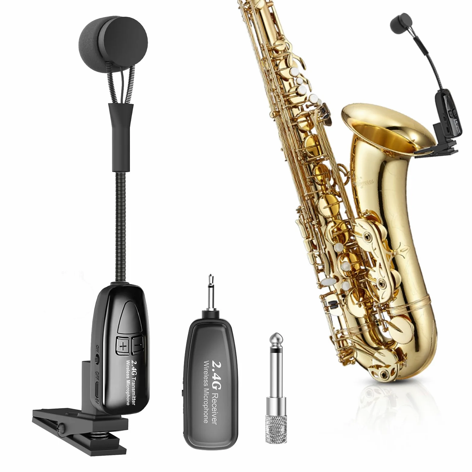 Microfono wireless per sassofono, microfono per strumenti a clip 2.4G, trasmettitore e ricevitore ricaricabile, portata 30,5 m, ideale per sassofono, tromba, tromba, trombone, cornetta, corno