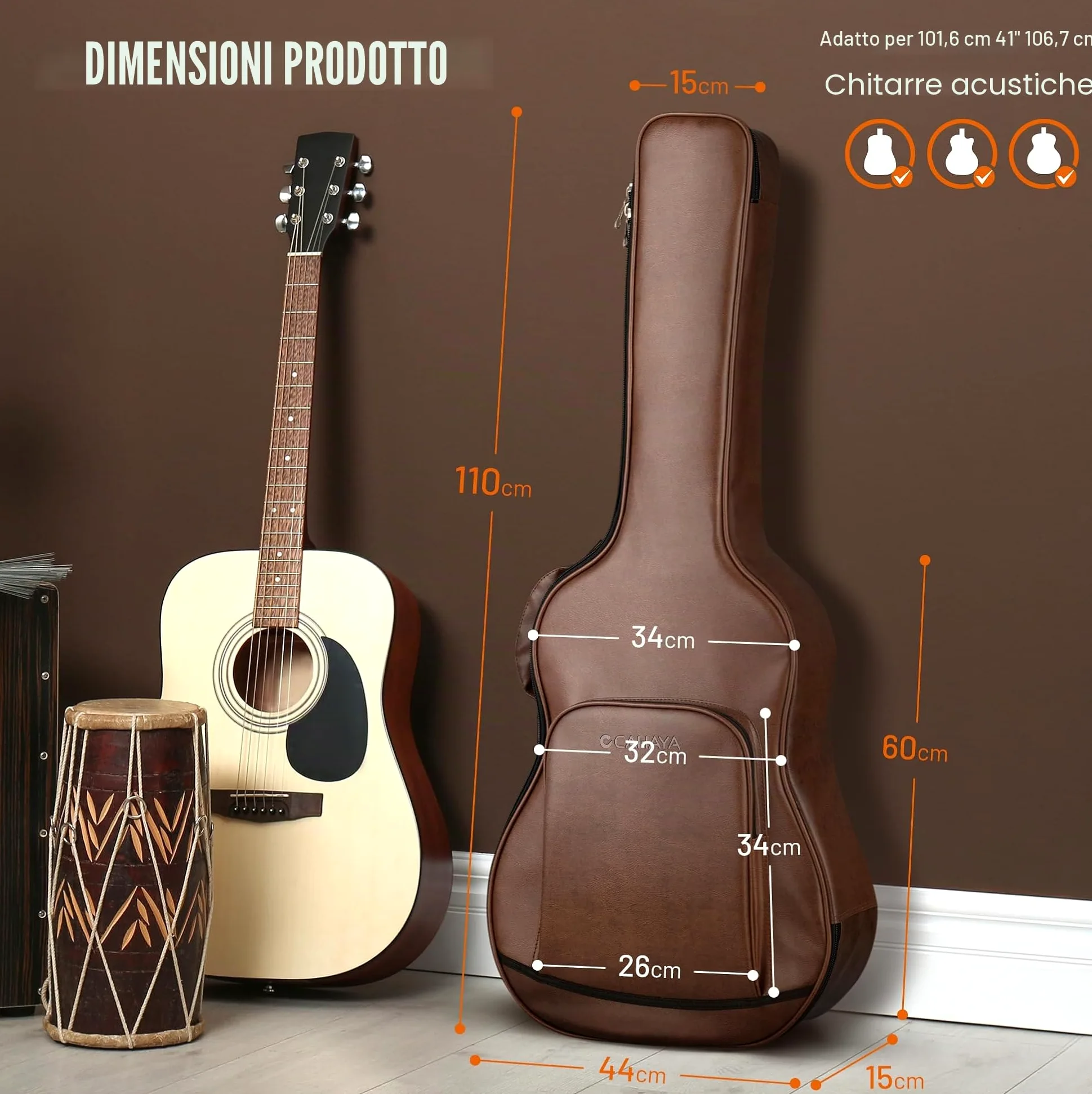CAHAYA Custodia per Chitarra Acustica PU - Marrone Impermeabile con Imbottitura Traspirante 15 mm di Spessore - Doppia Cerniera