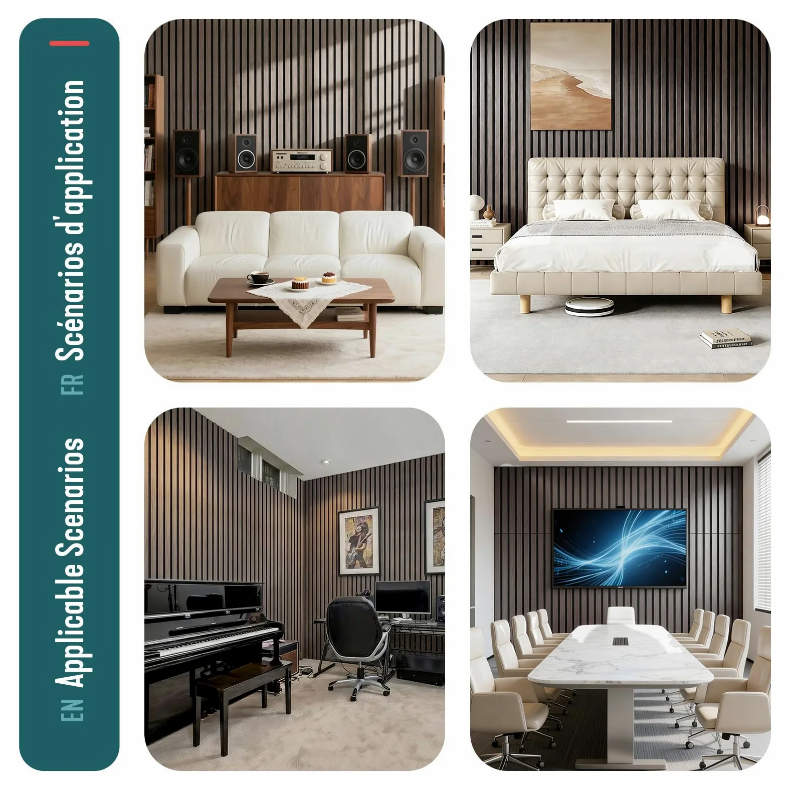 VOUNOT® Set da 4 Pannelli Fonoassorbenti 120x60x2,1 cm in MDF con Feltro di Poliestere Ignifugo, Pannelli Acustici da Parete 3D Isolamento Acustico per Soggiorno, Camera e Ufficio, Rovere Scuro