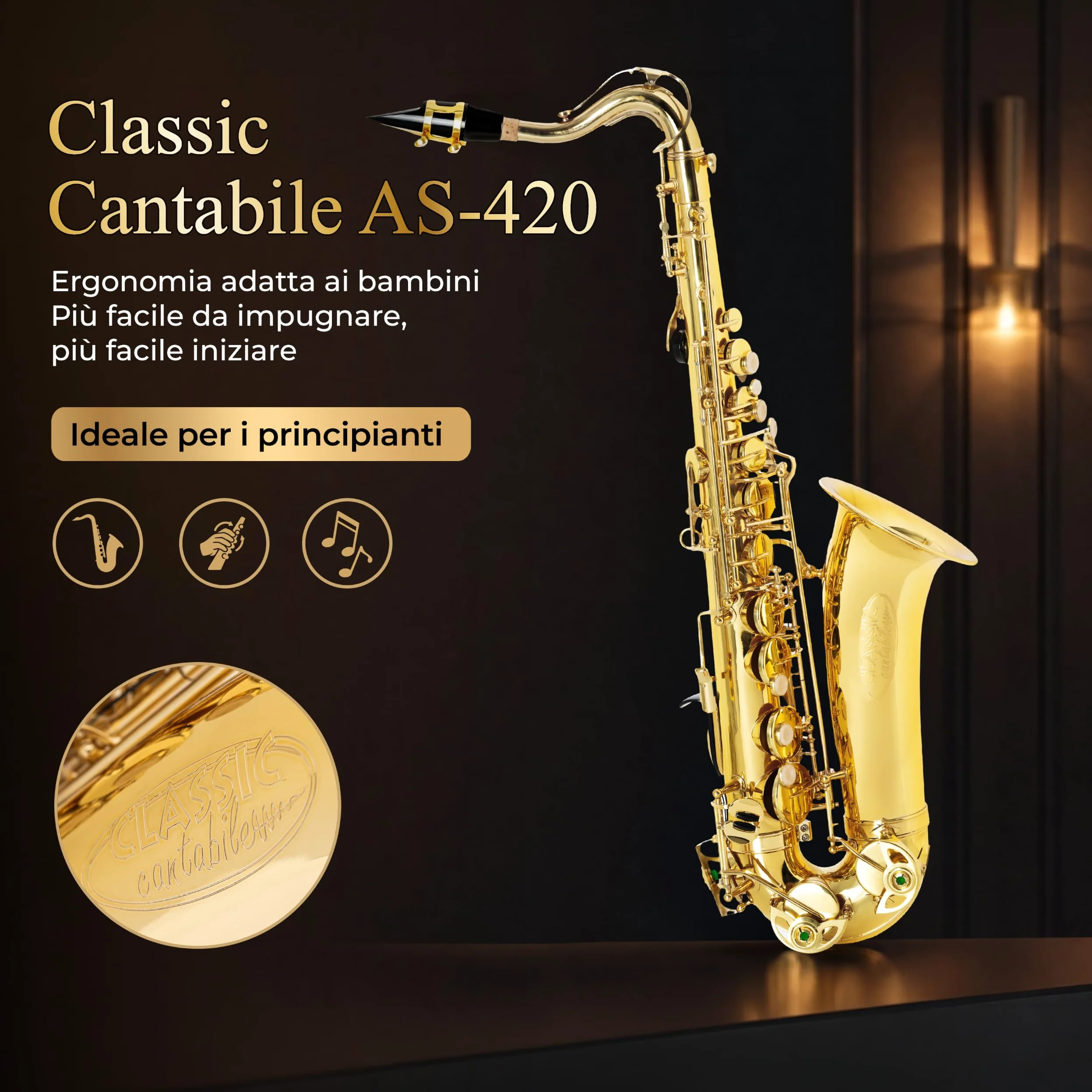 Classic Cantabile Youngstar AS-420 Sassofono Alto per Bambini, Generale | Meccanica ergonomica adatta ai bambini con chiavi ravvicinate, Privo di chiavi D#/E/F e meccanica del campanello, Peso: 1