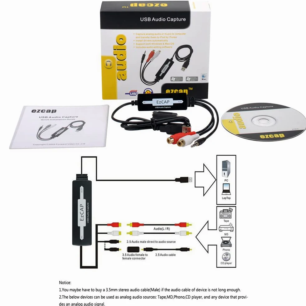 La scheda del registratore di acquisizione USB converte il giradischi in vinile LP/nastro a cassetta Adattatore per convertitore di musica digitale MP3/WAV, supporta