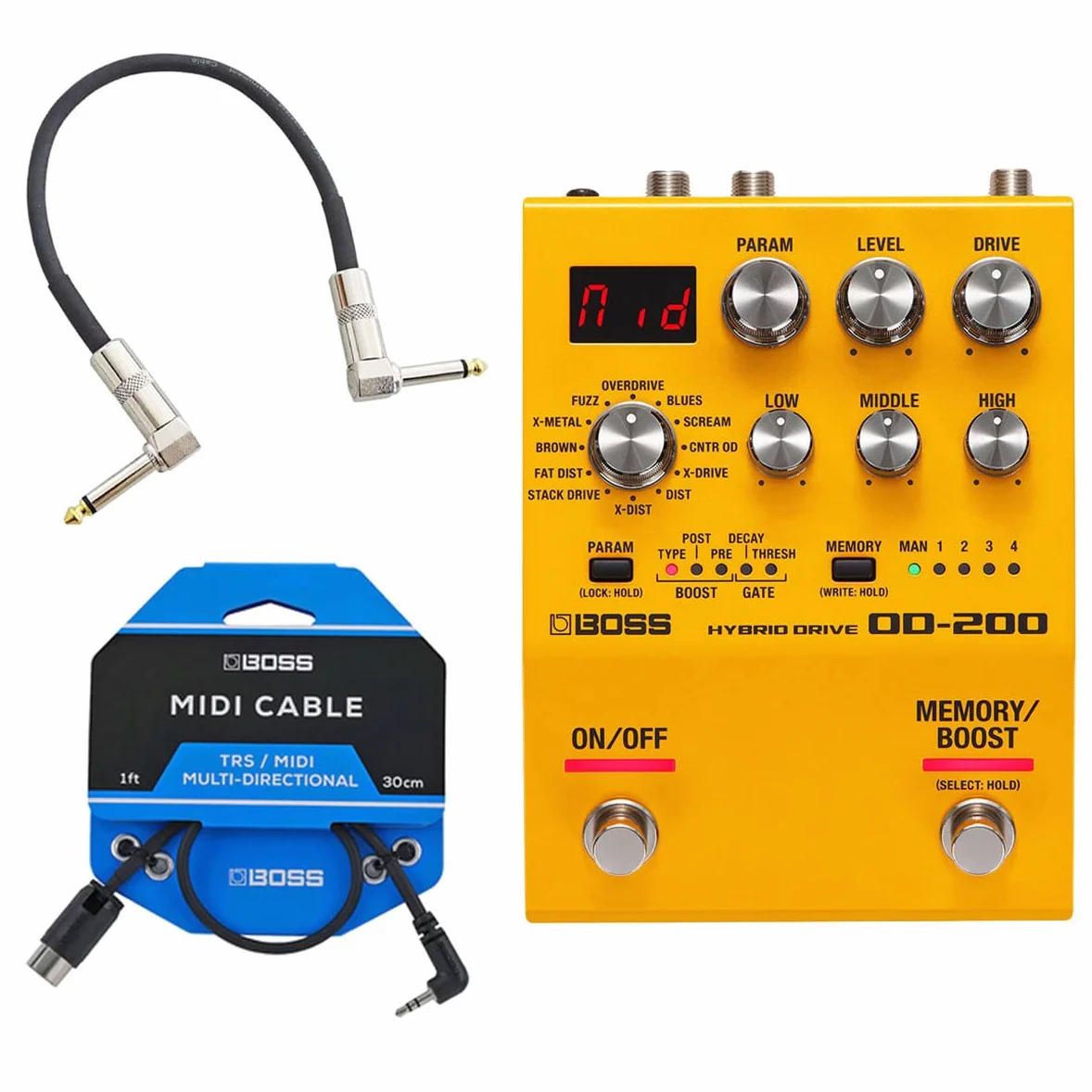 Boss OD-200 Hybrid Drive + cavo TRS-MIDI BMIDI-1-35 + cavo patch keepdr