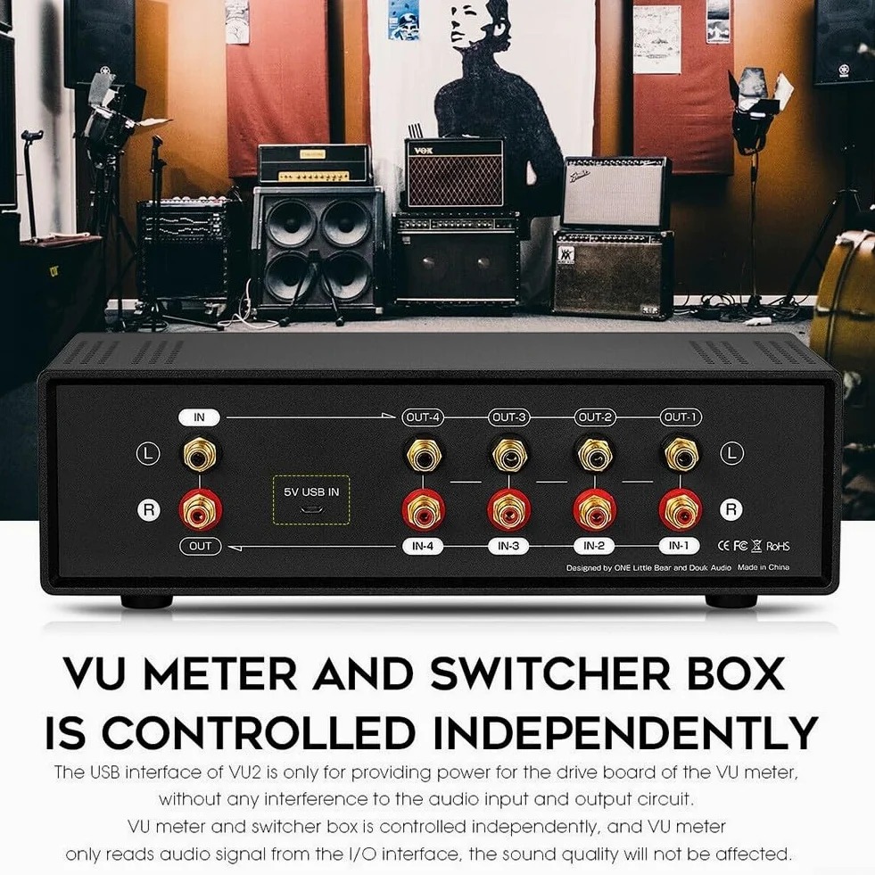 E microfono compatibile VU Meter Box analogico con display VU indipendente e routing audio 1 in 4 out 4 in 1 out (retroilluminazione gialla)