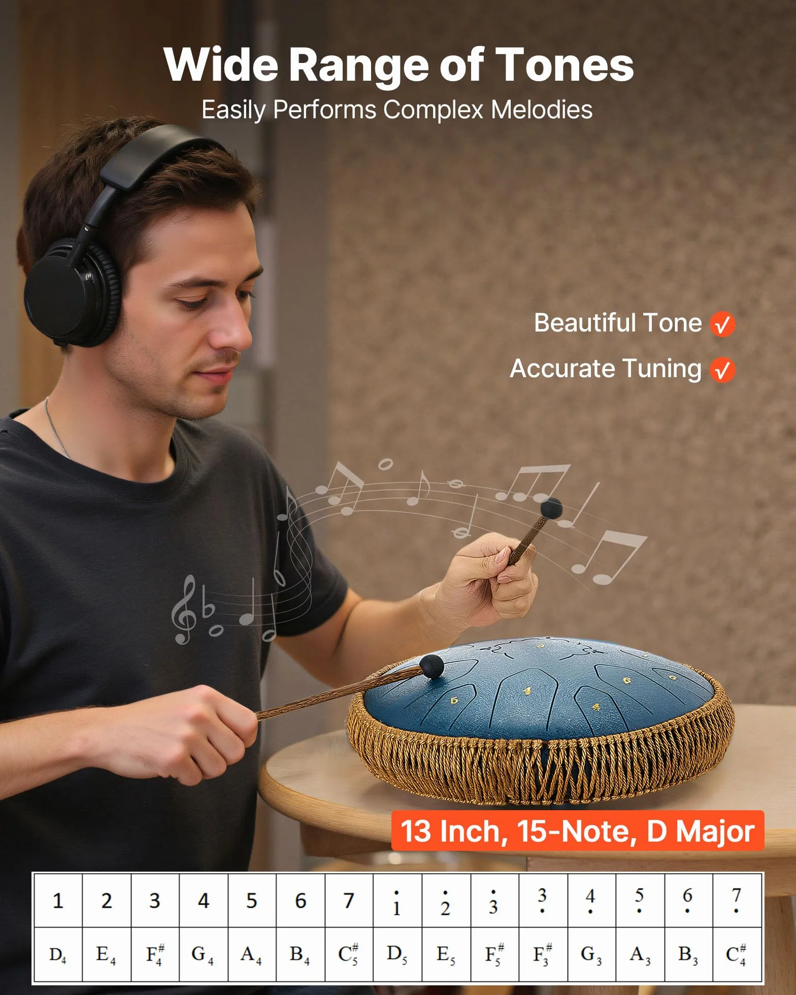 VEVOR Tamburo a Lingua d'Acciaio, Tamburo a Pioggia da 330 mm e 15 Note per Giardino Esterno, Tamburi Musicali in Do Maggiore con Libro di Musica e Bacchette, Strumento a Percussione, Blu Navy