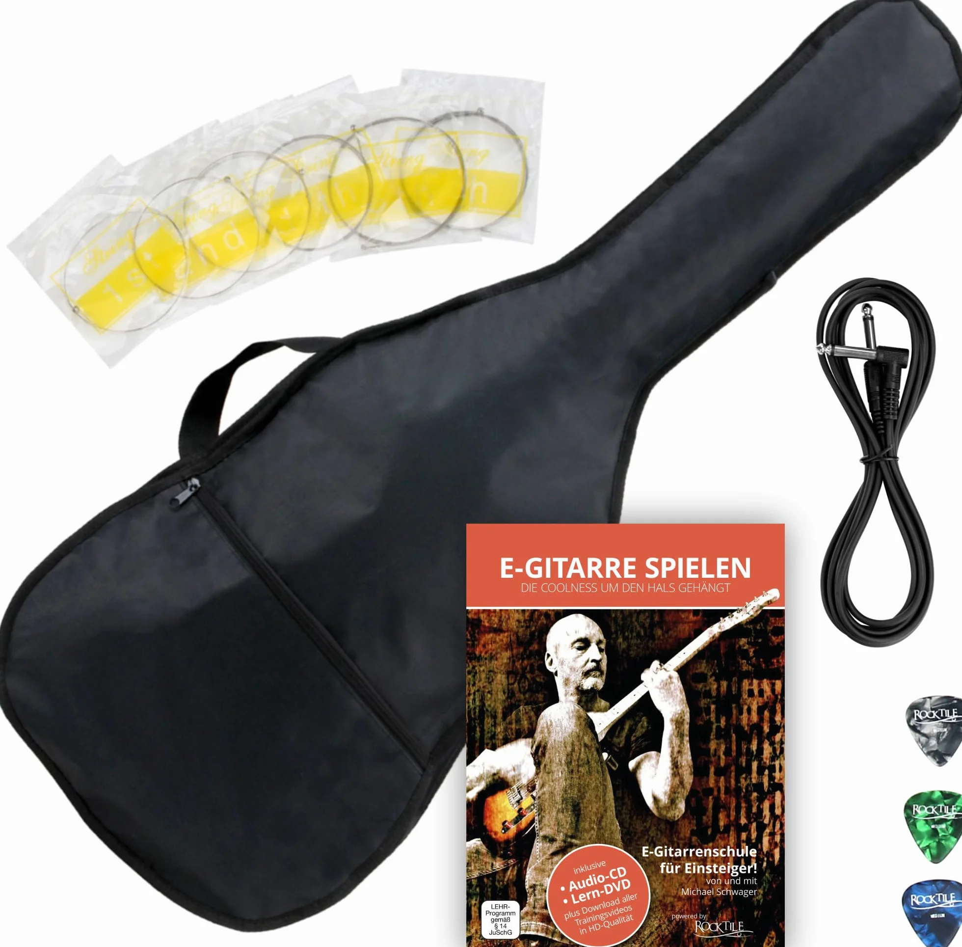 Rocktile Pro JK150-BSK Chitarra Elettrica Set Skull, Modello: Pro JK150-BSK | Serie: Rocktile Pro, Numero di corde: 6, Peso: ca. 3, 2 kg, Orientamento: Destrorso, Forma corpo: ST-Style, Corpo: Tiglio
