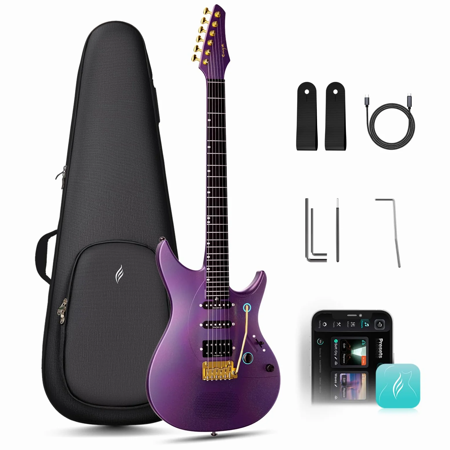 ENYA INSPIRE PRO AL Chitarra Elettrica con Pickup APEX LAB | Altoparlante 20W anti-larsen, corpo carbonio 39", 64 preset, looper, accordatore, barra tattile, per suono silenzioso e live.