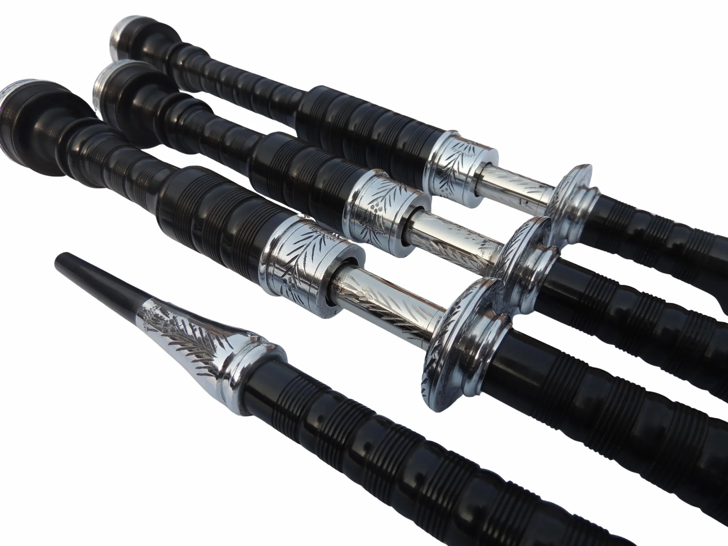 Cornamusa Great Highland in legno di cobolo sfumato nero con supporti incisi in nichel argento e cordino di copertura in velluto nero, per studenti, kit completo con guida per