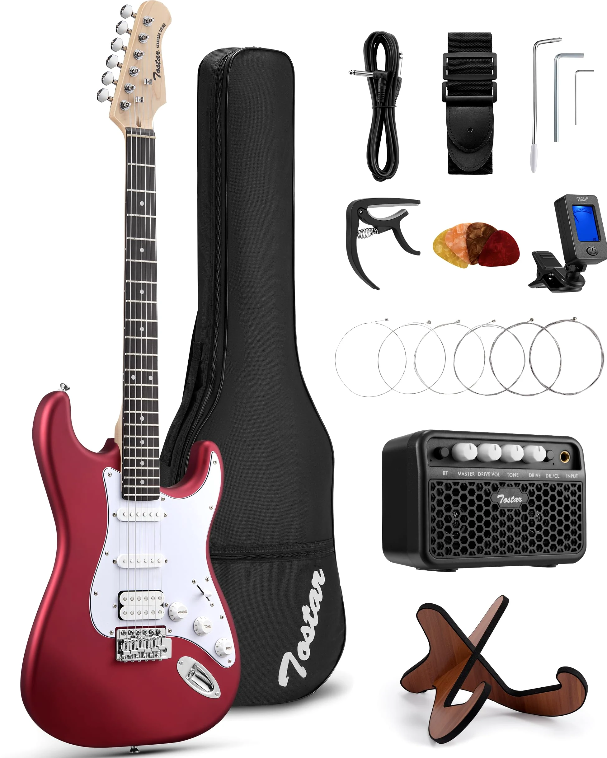 Tostar Kit per chitarra elettrica con amplificatore HSS pickup per principianti chitarra elettrica con custodia da concerto, capotasto, tremolo, cinghia, plettri ST Style 99,1 cm, chitarre elettriche