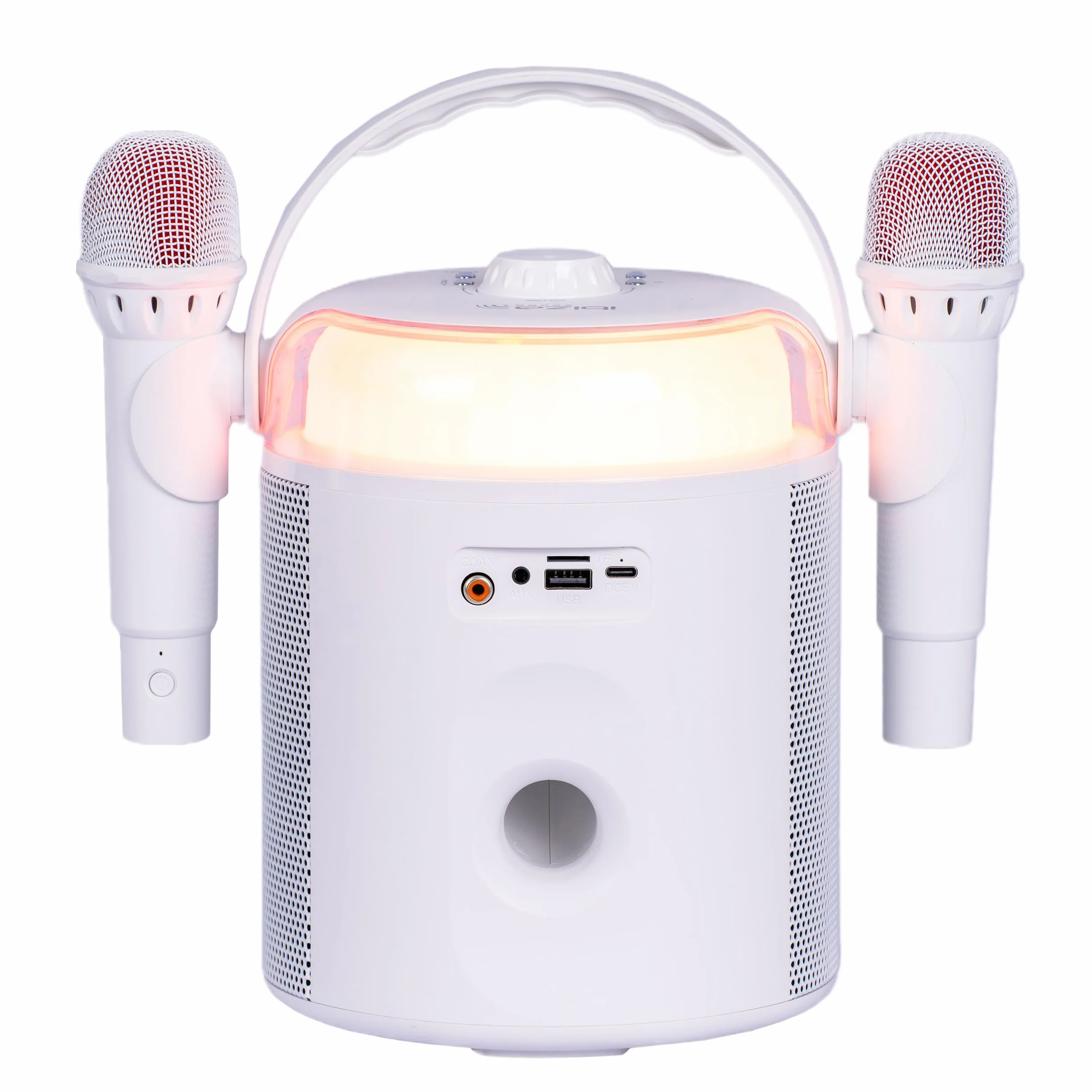 Ibiza - KARAHOME-WH - Altoparlante KARAOKE a batteria con due microfoni wireless (a batteria) - Bluetooth, USB, MicroSD, USB, AUX e COAX - Bianco