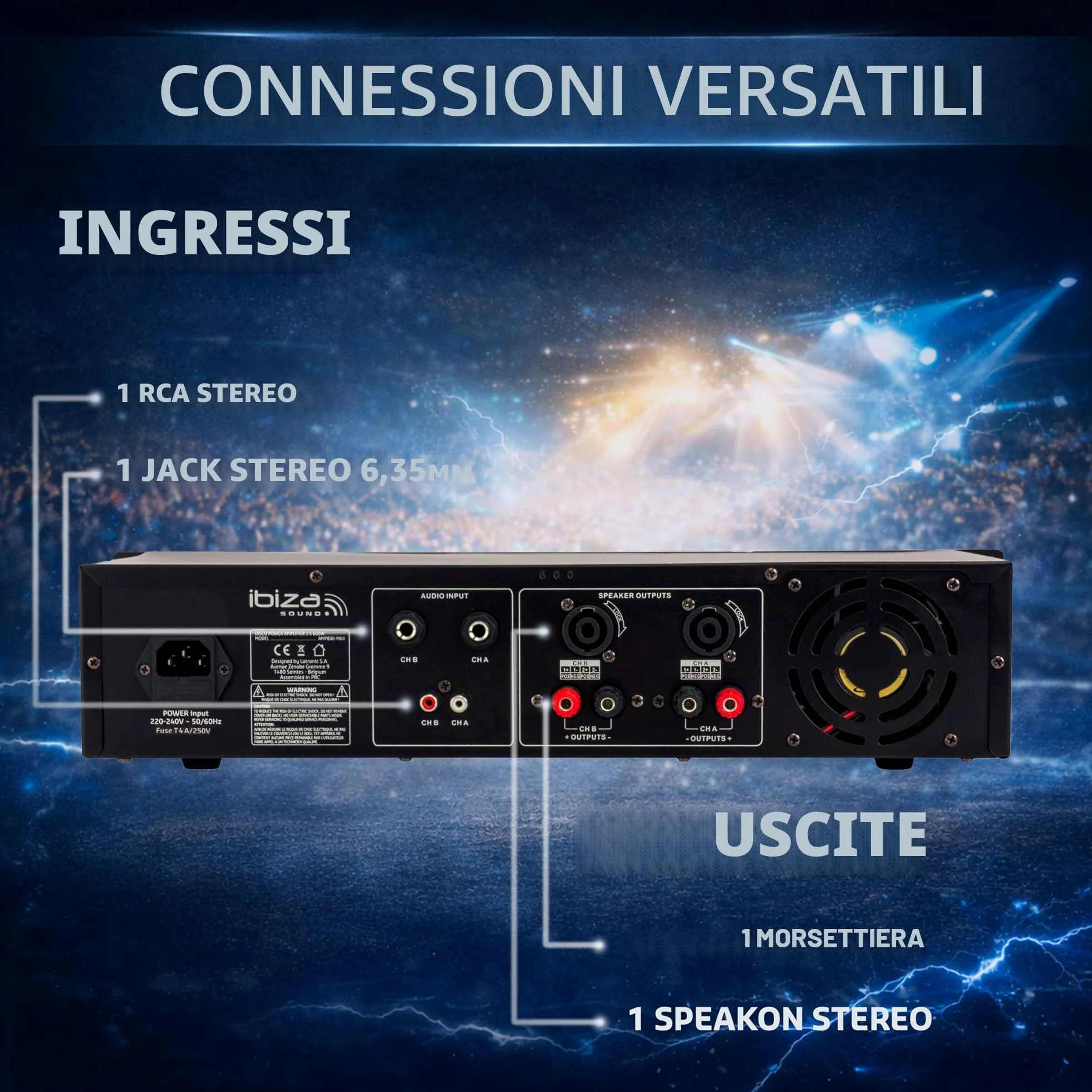 Ibiza AMP1000-MKII Amplificatore PA professionale 2x800 W – Amplificatore di potenza stereo da 19” montabile su rack con ingressi RCA/Jack, uscite Speakon/morsettiera e protezioni elettroniche