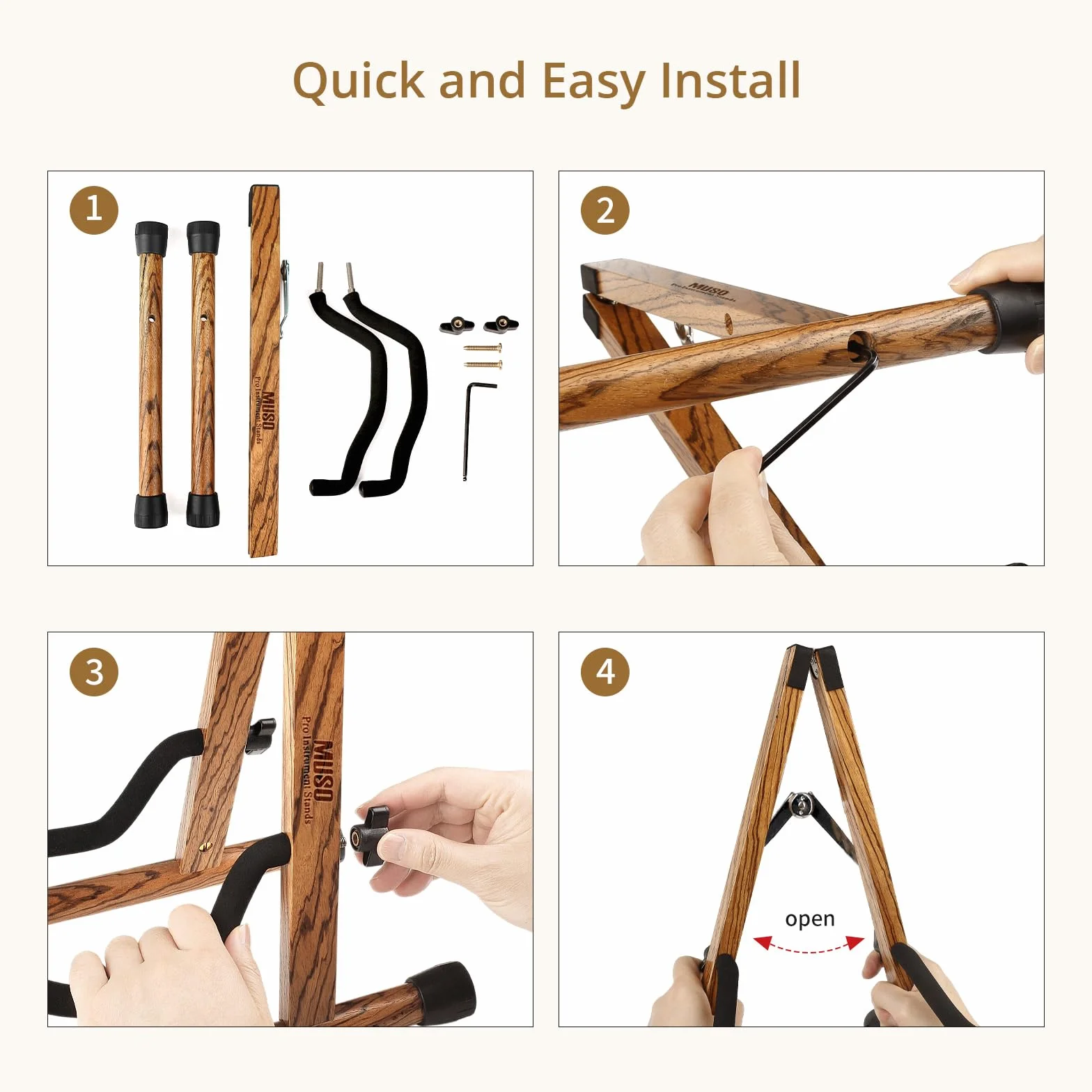MUSO Supporto per chitarra, pieghevole, facile da montare e portatile, per basso, ukulele, banjo, violoncello, mandolino, supporto solido, durevole (legno zebrano)