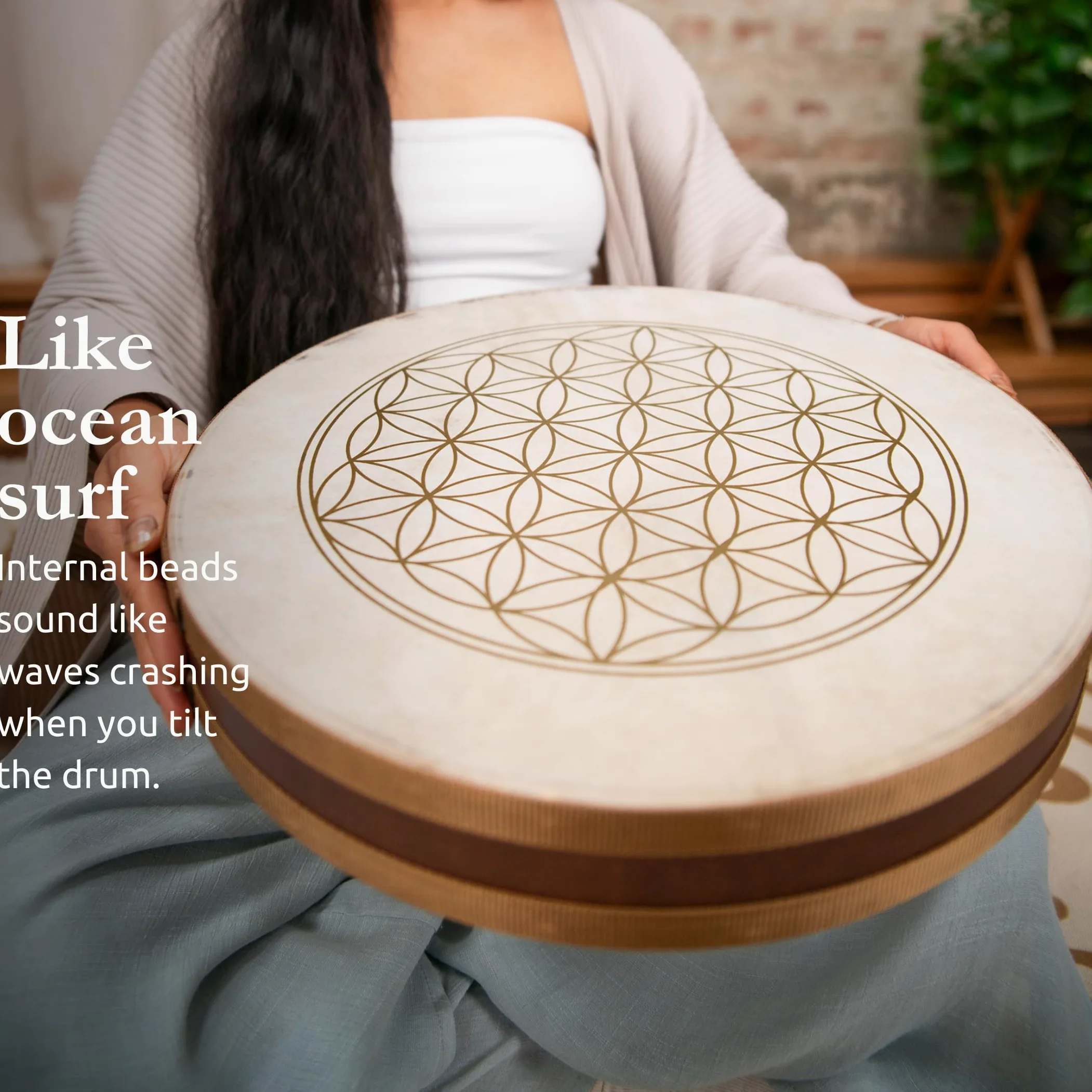 Sonic Energy Ocean Wave Drum – Sea Drum 16 Pollici – Suono delle onde per meditazione, yoga, viaggi sonori, percussioni – Ocean drum con due pelli – Quercia del Siam, marrone (WD16FOL)