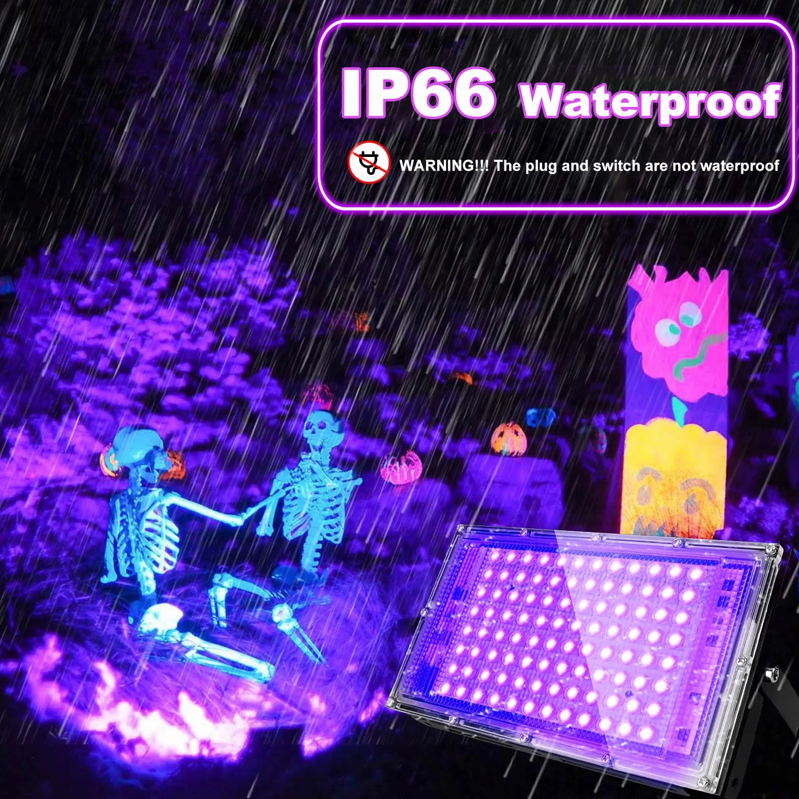 Luce Nera UV 100W, Indmird 2 Pezzi Faretto UV LED con Interruttore, 395-400nm Potente Faro UV Impermeabile IP65 Lampada UV per Festa Glow,Pittura,Acquario,Natale,Halloween