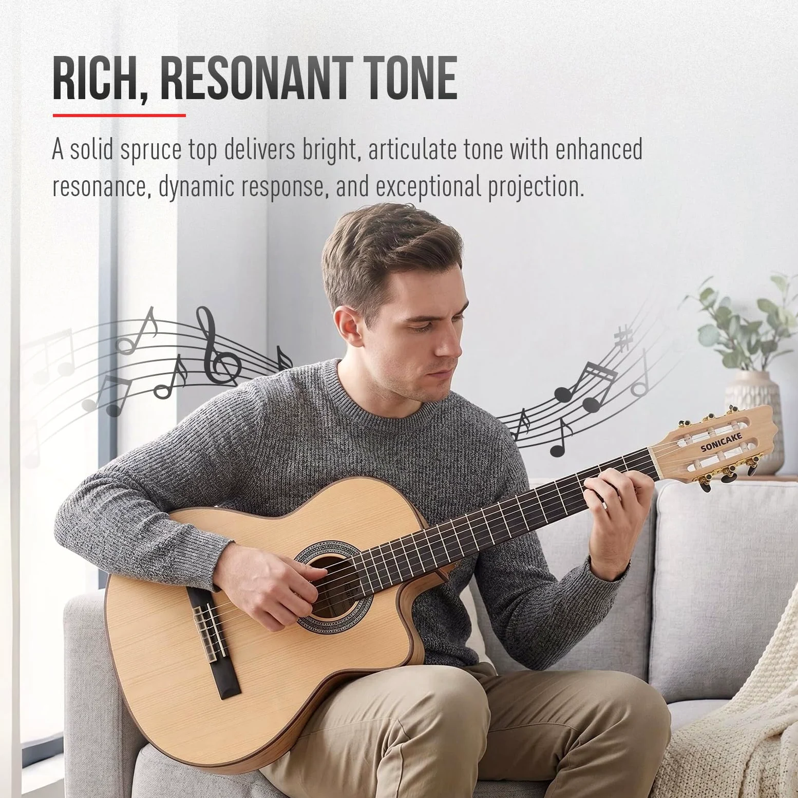 SONICAKE 39" Chitarra Acustica Elettrica Crossover | con Accordatore, Pickup e Preamp, Top in Abete Massello, Corpo in Acero Marmorizzato, EQ a 3 bande, Corde in Nylon QGT-30