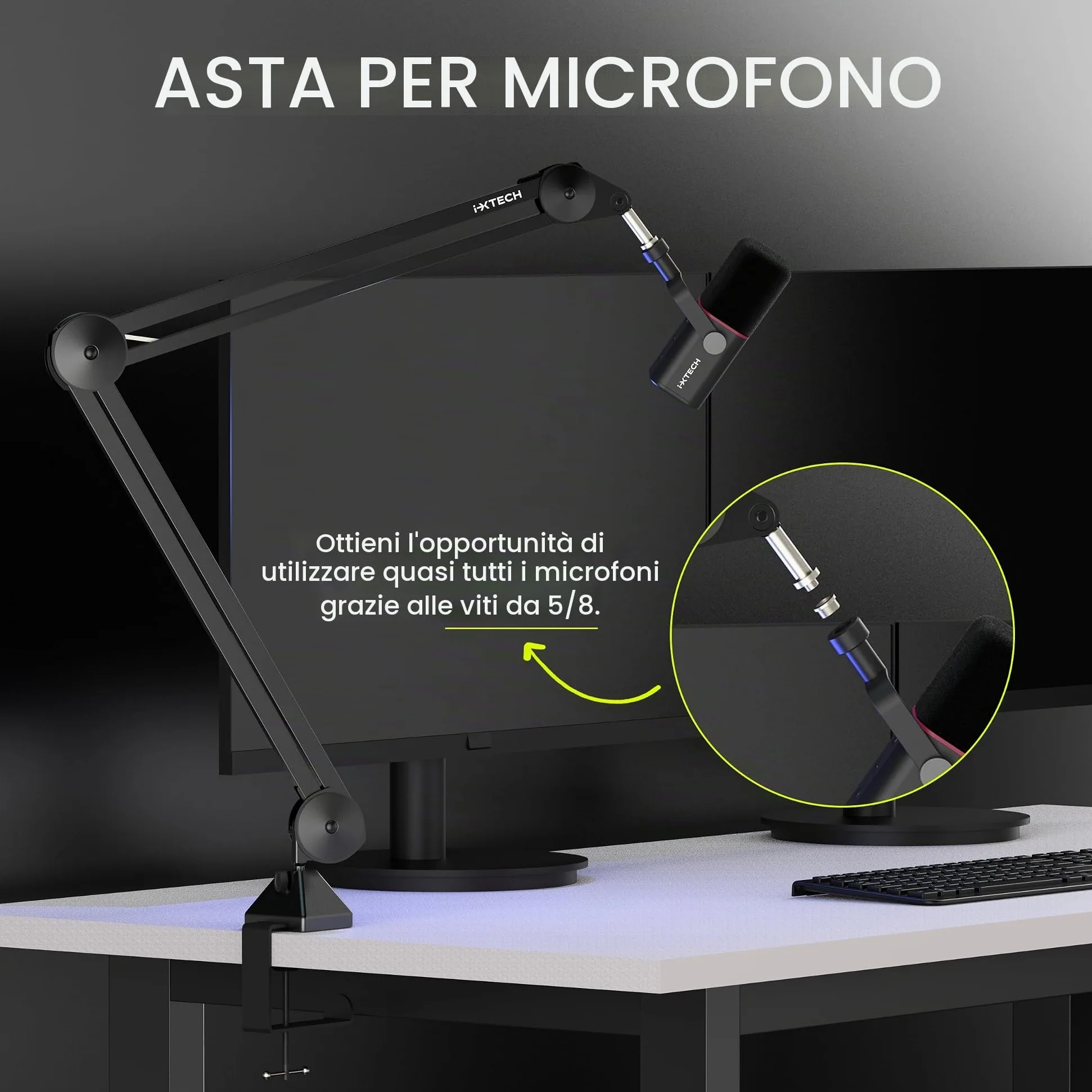 IXTECH Supporto per microfono a braccio regolabile, resistente, con fascette, supporto da scrivania per gaming, streaming e podcasting.