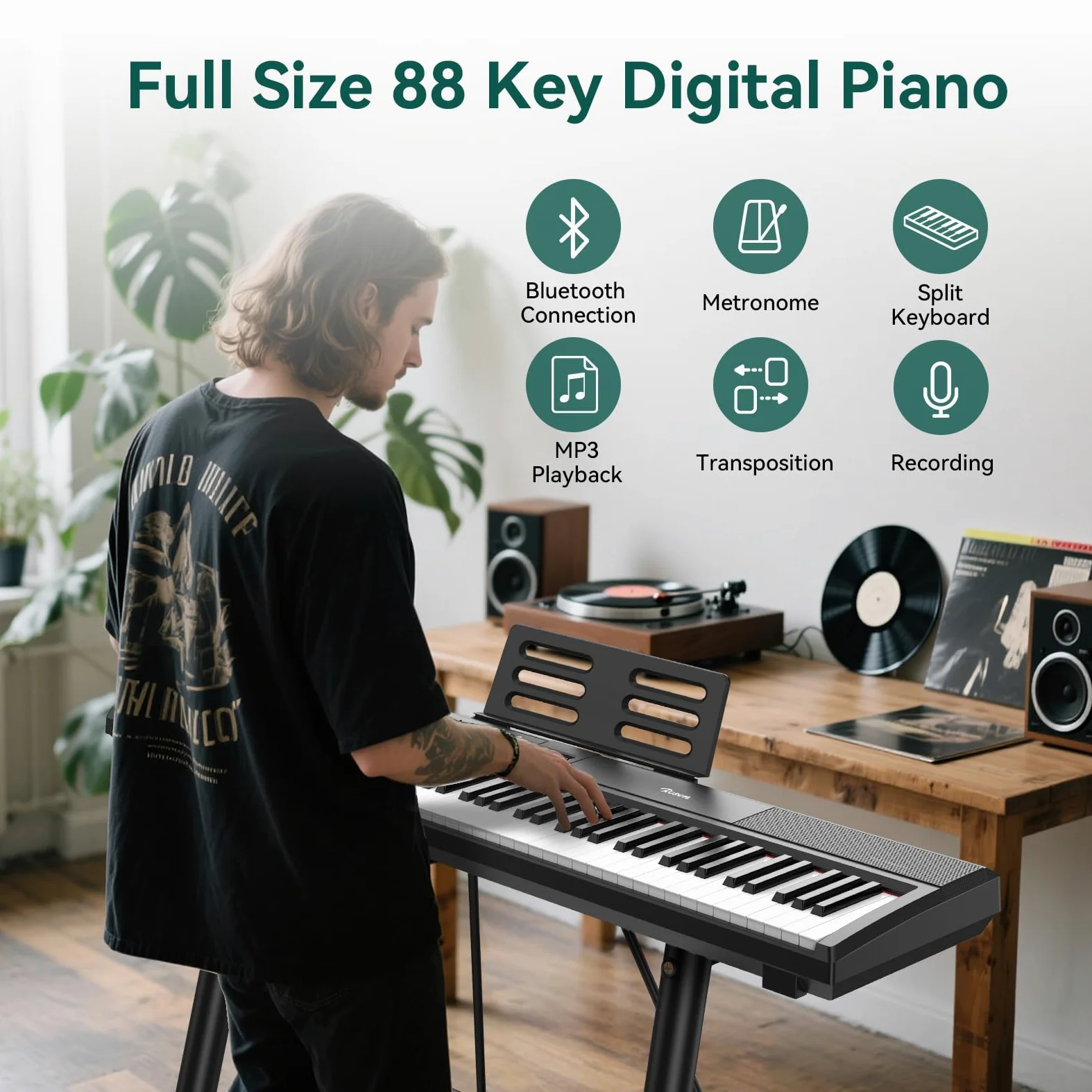 Rosen P51 tastiera pesata full size 88 tasti per principianti pianoforte digitale, pianoforte elettrico portatile con pedale di sostegno e alimentazione elettrica, nero