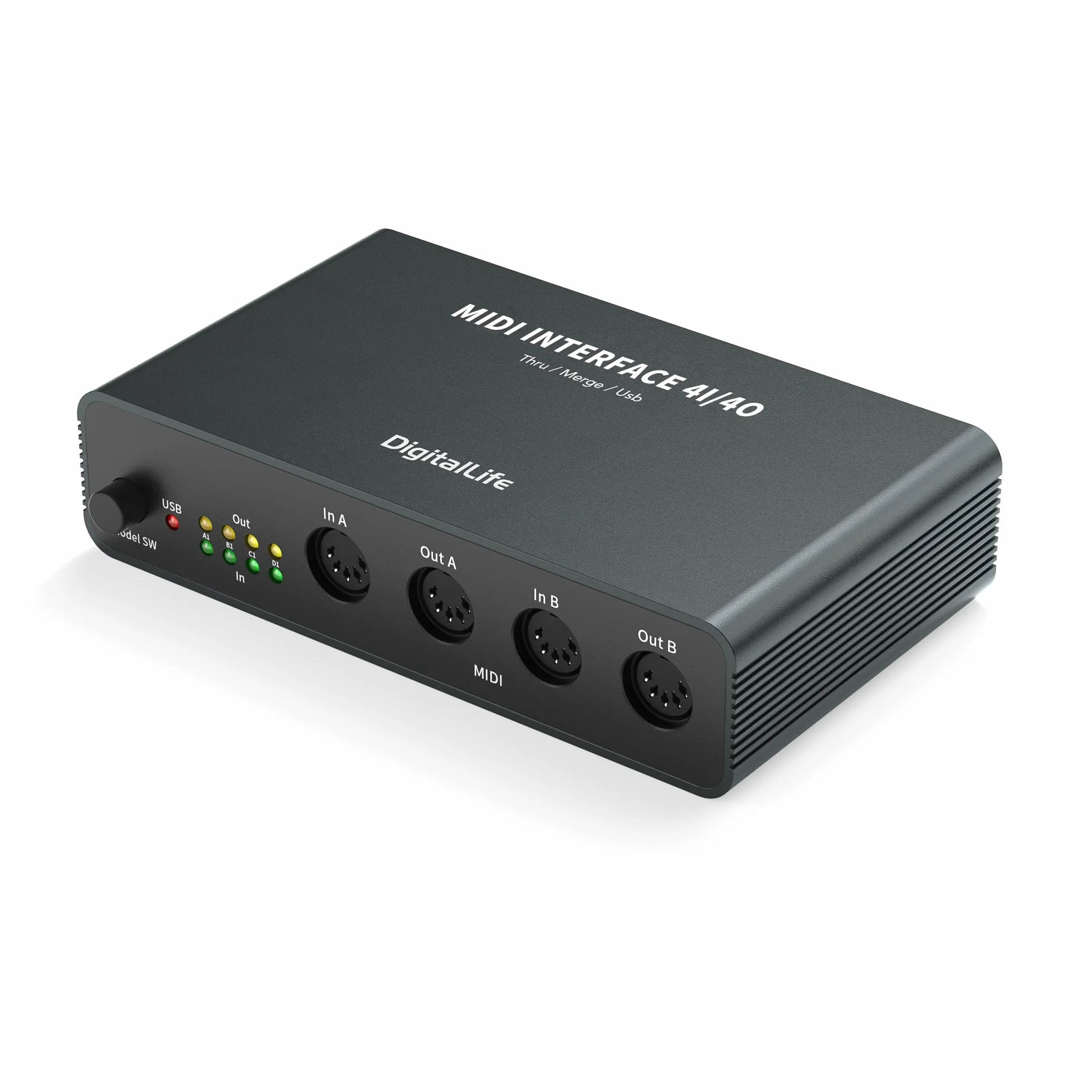 DigitalLife Interfaccia MIDI 3-in-1 4×4 Switcher Box con Funzioni Merge, Thru e USB, Struttura in Metallo