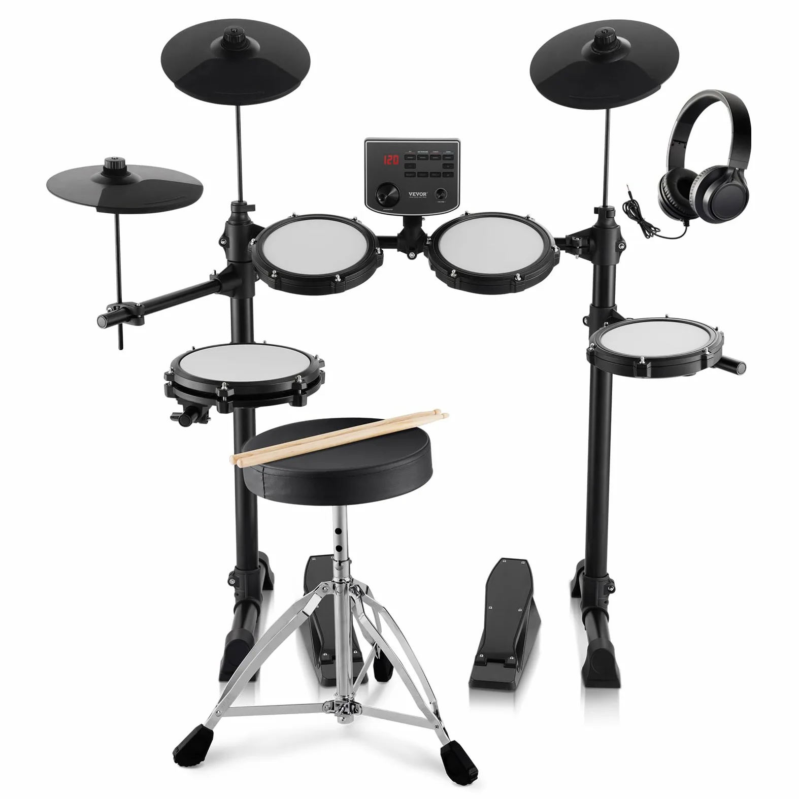 VEVOR Set di Batteria Elettronica, 15 Kit di Batteria 150 Suoni, Set di Batteria Elettronica Rullante Silenzioso 203,2 mm con Supporto USB MIDI con Piatti Bacchette e Cuffie, Principianti e Adulti