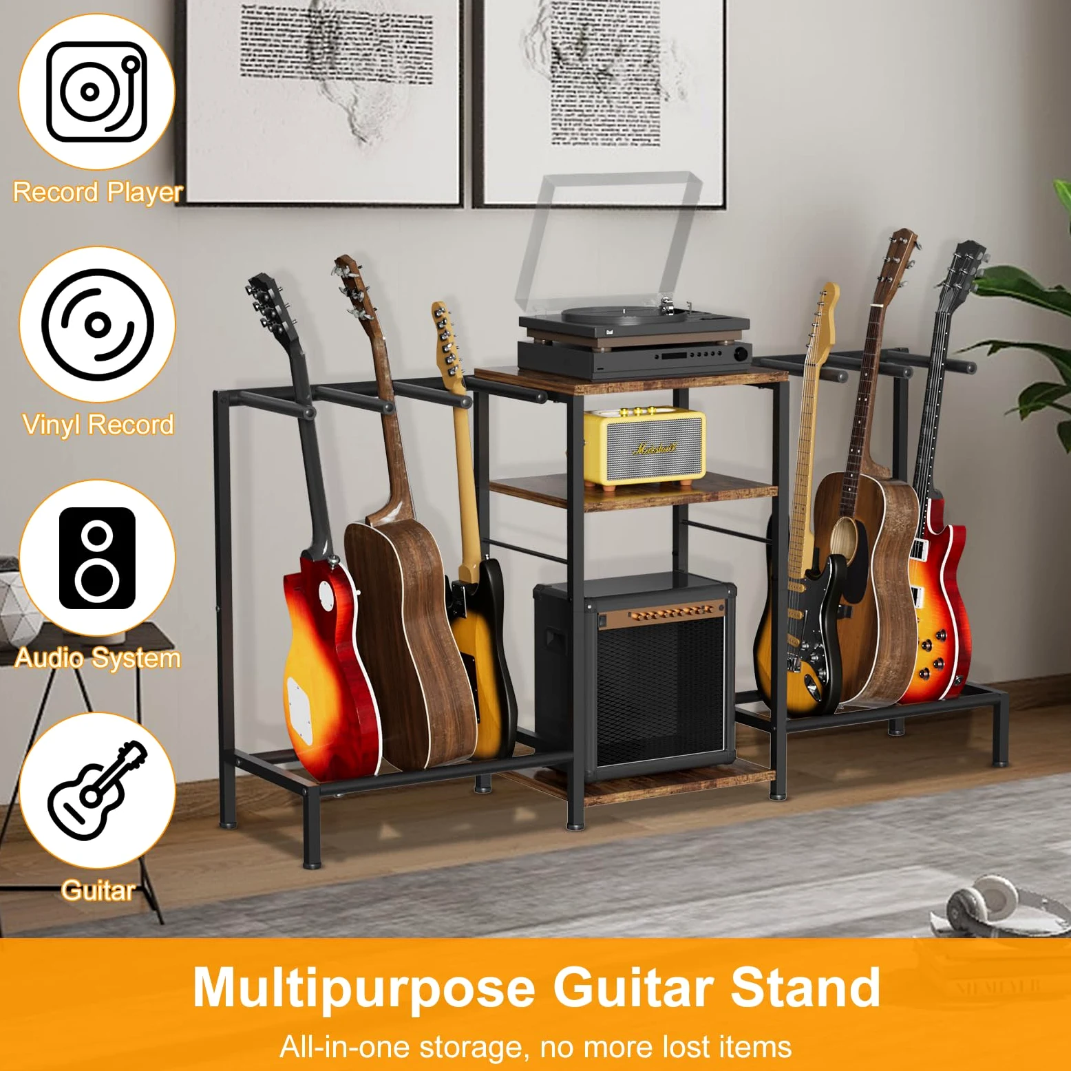 Supporto per chitarra per 6 chitarre, regolabile, con protezione imbottita morbida per chitarra acustica, elettrica, basso e ukulele, espositore per chitarra con 3 ripiani per amplificatori e