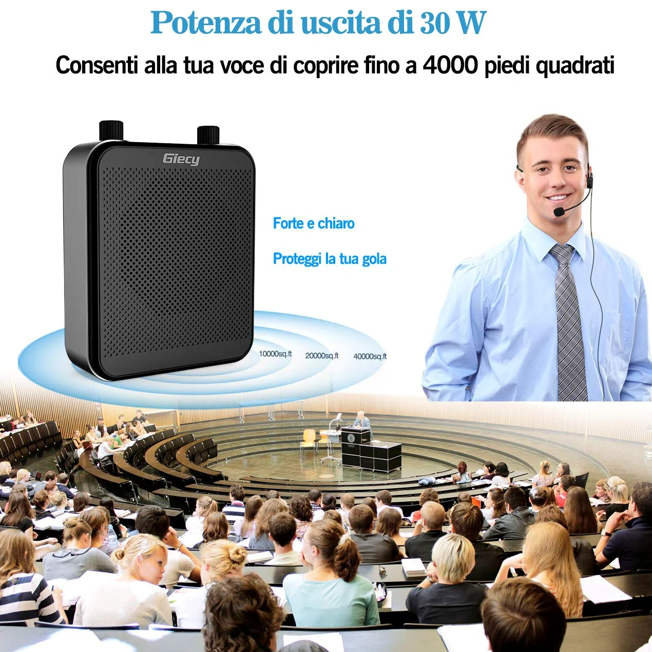 Amplificatore vocale portatile con microfono cuffia 30W Batteria ricaricabile 2800mah Sistema PA amplificatore vocale mini per insegnanti, guida turistica, allenatori, presentatori