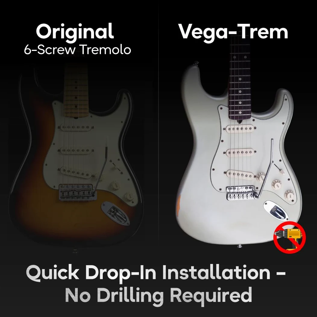 Vega-Trem VT1 - Ponte tremolo per chitarra Stratocaster standard speciale a 6 viti, per Stratocaster, senza mod, facile installazione (lucido, destro)