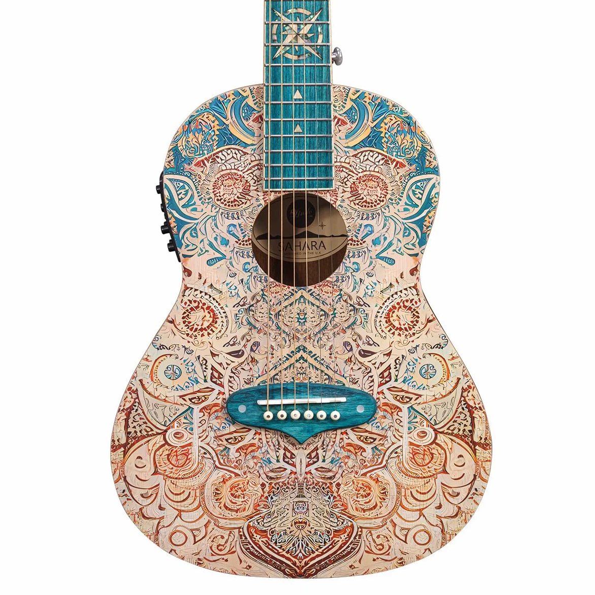 Lindo Sahara Steel String Parlor - Chitarra elettroacustica da viaggio (misura 3/4) | Nautical Star 12th Fret Inlay | Corpo e paletta con finitura grafica artistica | Progettato nel Regno Unito