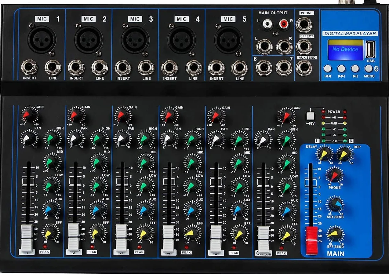 Depusheng HT7 mixer audio portatile bluetooth con console di missaggio audio DJ usb 7 channel Band mixing boards jack mp3 alimentazione 48V