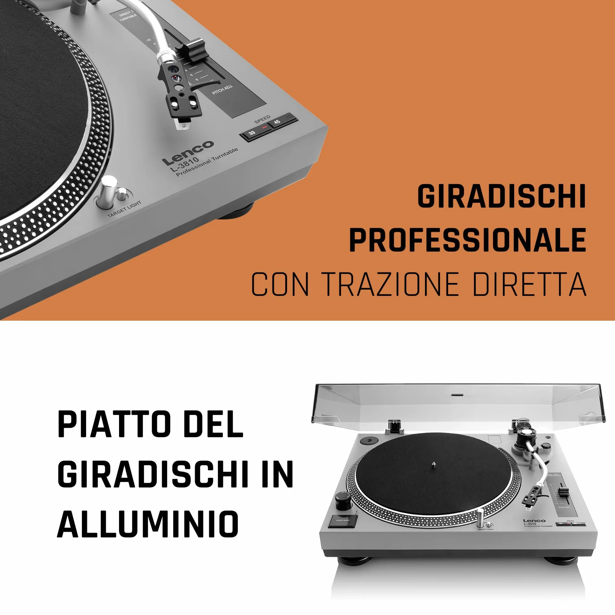 Lenco L-3810 Giradischi con azionamento diretto – Giradischi DJ – 33/45 giri/min – Pitch Control – Sistema di pickup magnetico – Illuminazione ago – Pitch Control – Grigio opaco