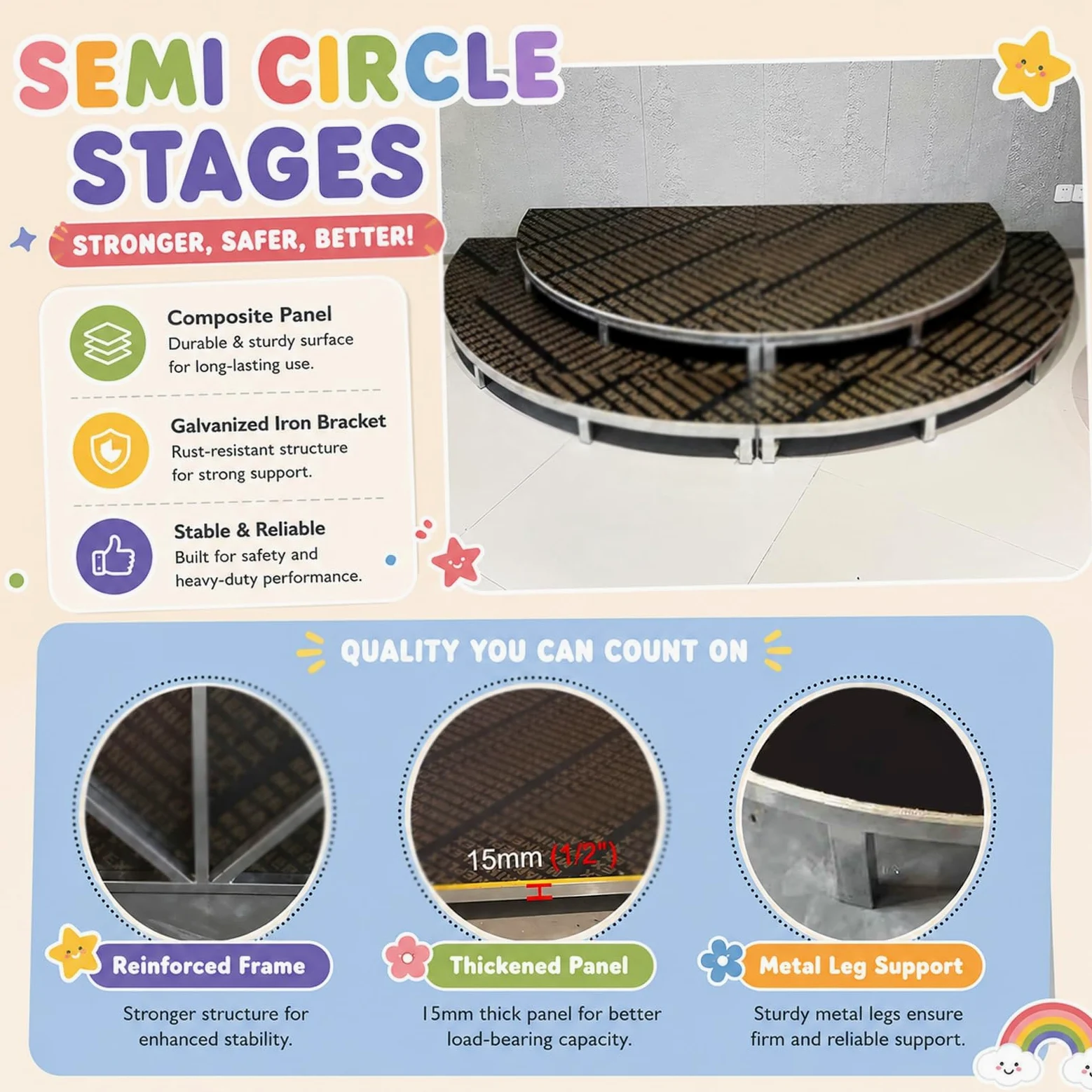 Palcoscenico portatile semicircolare/rotondo, piccolo palco con gonna, elevata capacità di carico, mini palco per spettacoli corali, eventi scolastici e in classe(Gray B,120x60cm)
