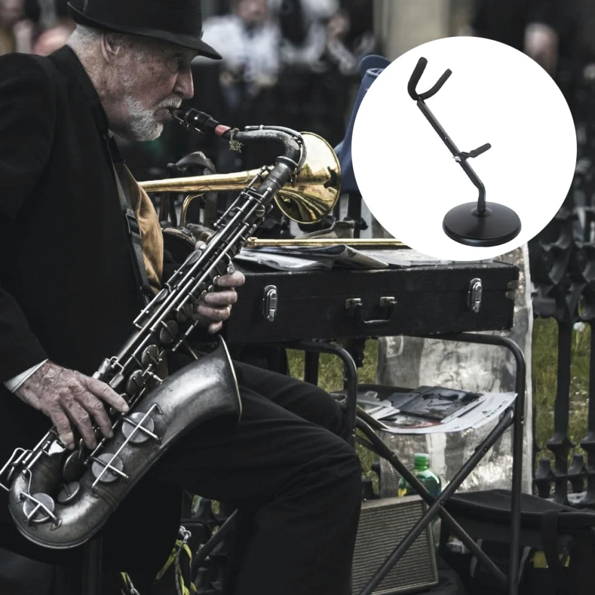 GALPADA Supporto per Sassofono Pratico in Ferro Spugna Antiscivolo, Resistente e Pieghevole per Sax Alto e Tenore, per Espositore Musicale Nero