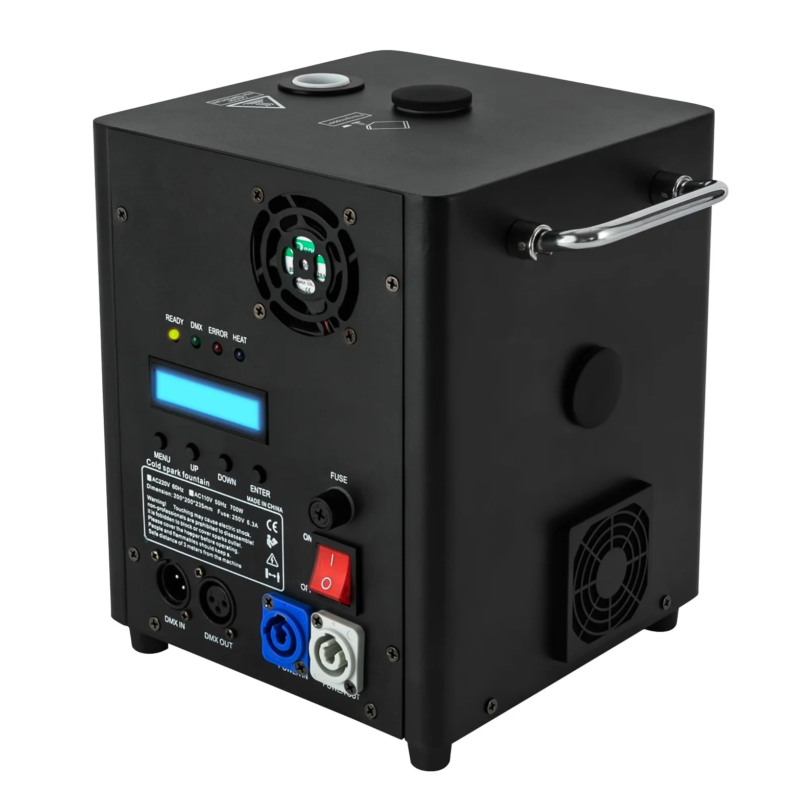 Macchina per scintille, 700 W, portatile, per palcoscenico, effetto speciale, altezza di iniezione regolabile, quattro spie di controllo, telecomando o DMX