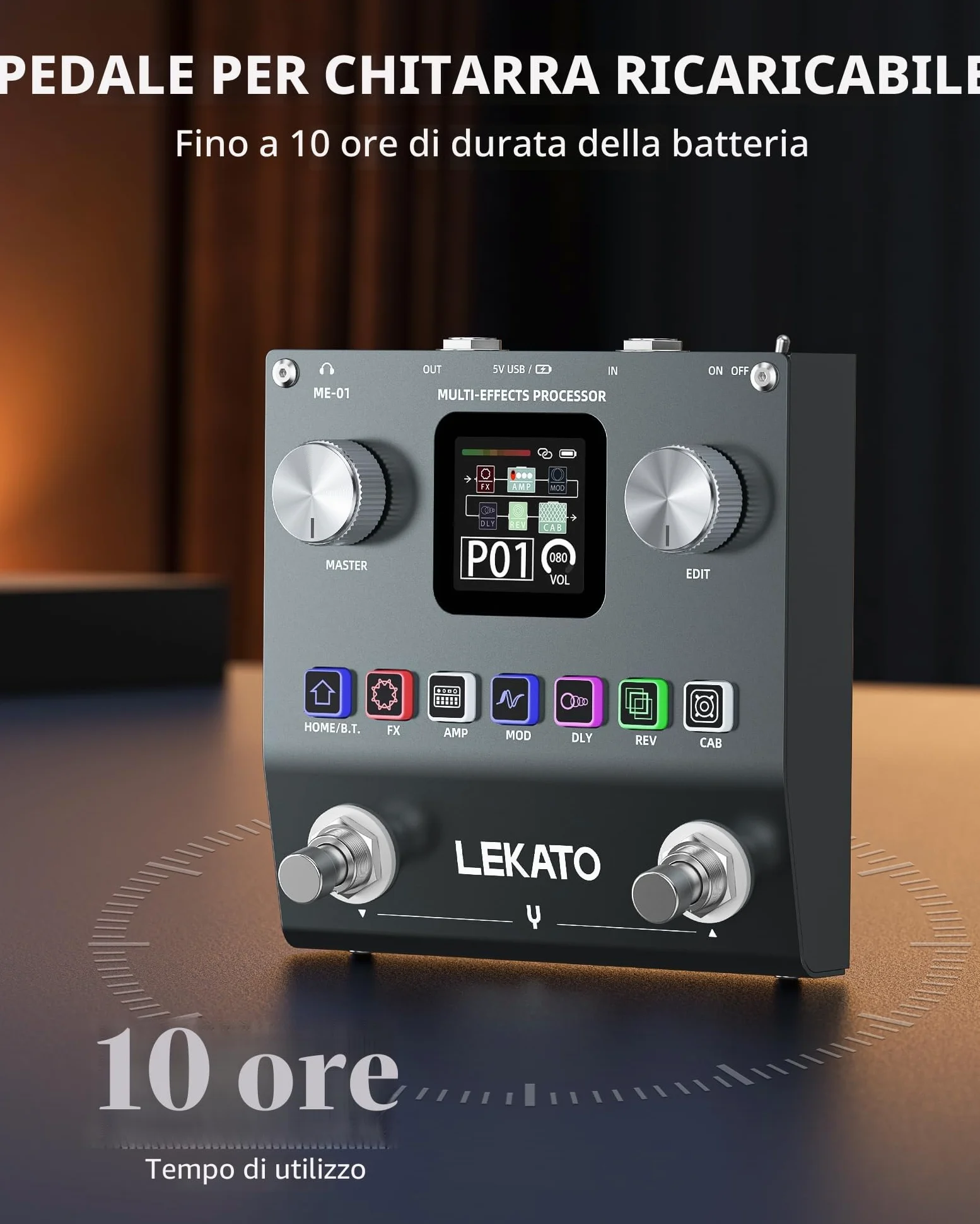 LEKATO Pedale Multi-Effetti per Chitarra, Processore di Effetti per Basso Ricaricabile con 6 Moduli Effetti, 80 Preset Editabili, Modifica APP, Caricamento IR, Registrazione OTG, Funzione BT
